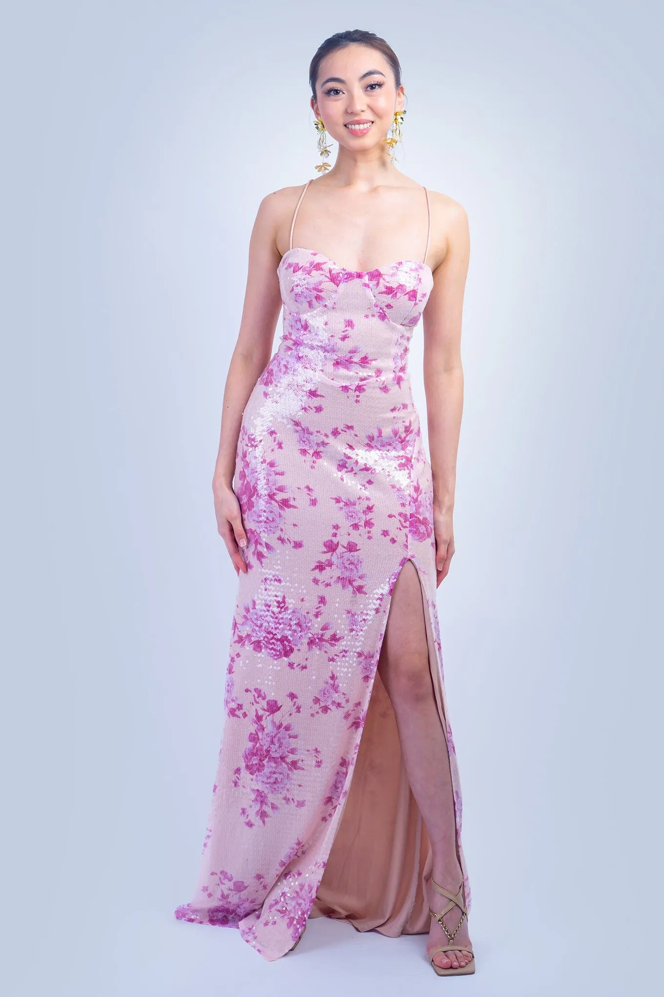 Pink Floral Sequins Sweetheart Straps Gown