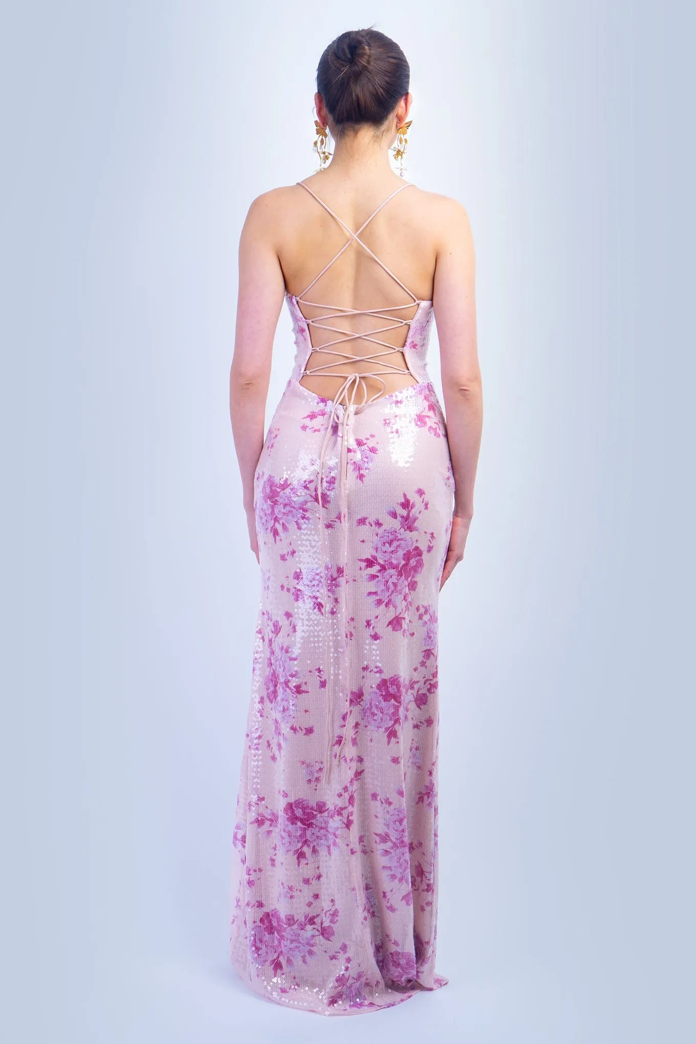 Pink Floral Sequins Sweetheart Straps Gown