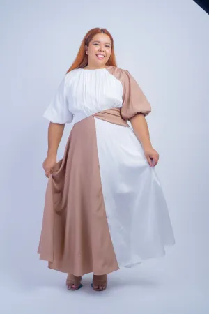 Plus White Tan Color Block Maxi Dress