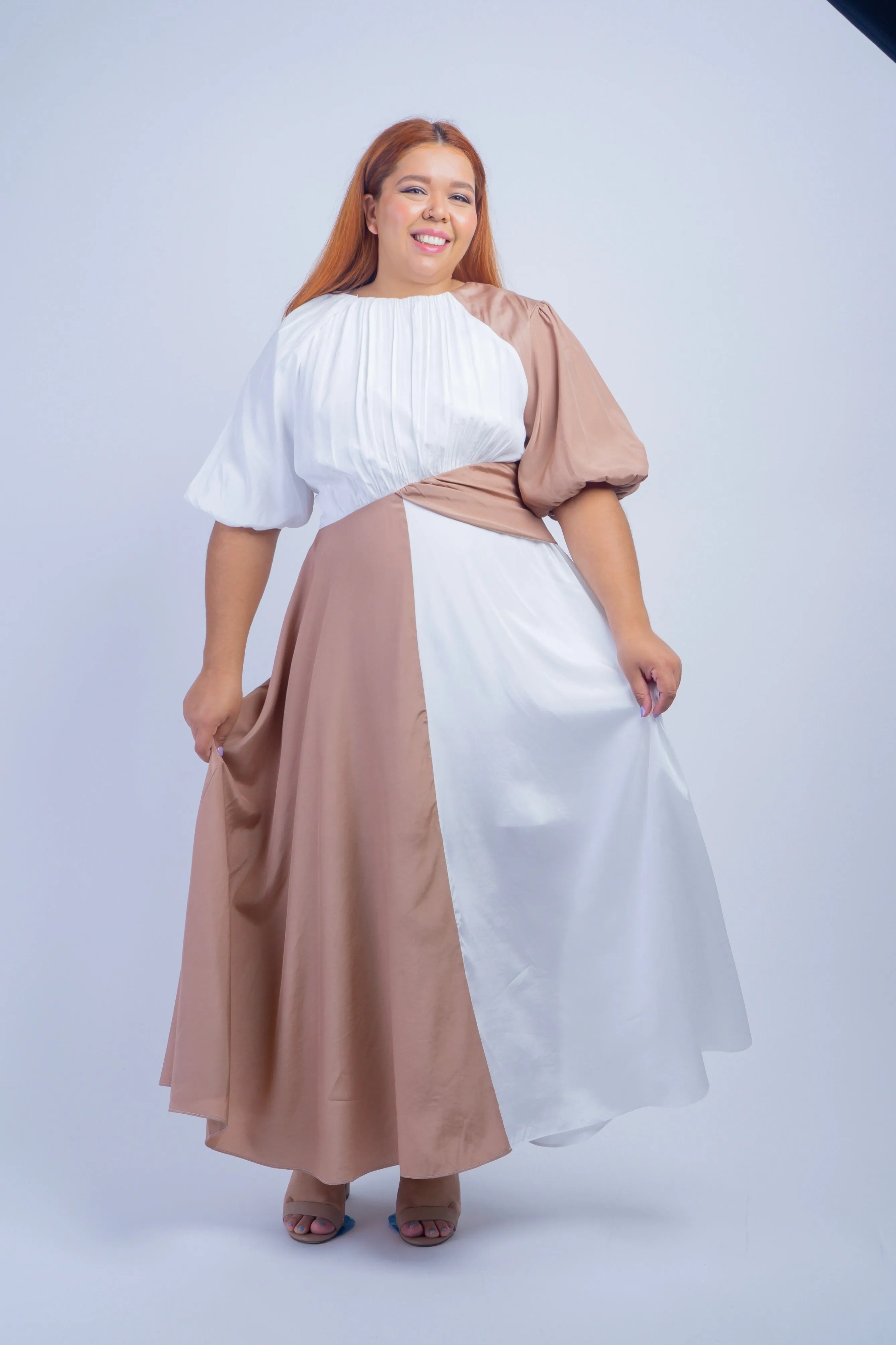 Plus White Tan Color Block Maxi Dress