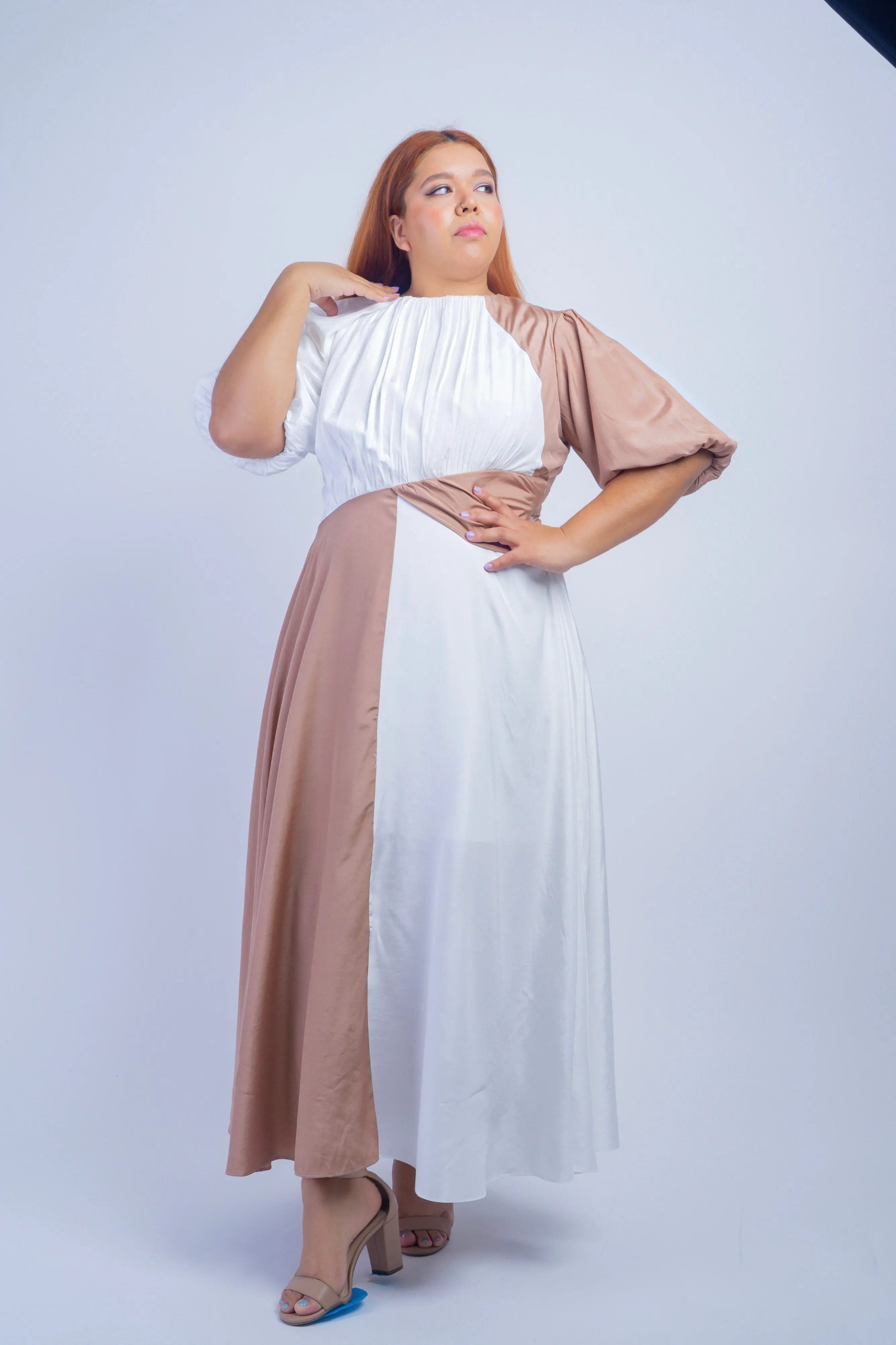 Plus White Tan Color Block Maxi Dress