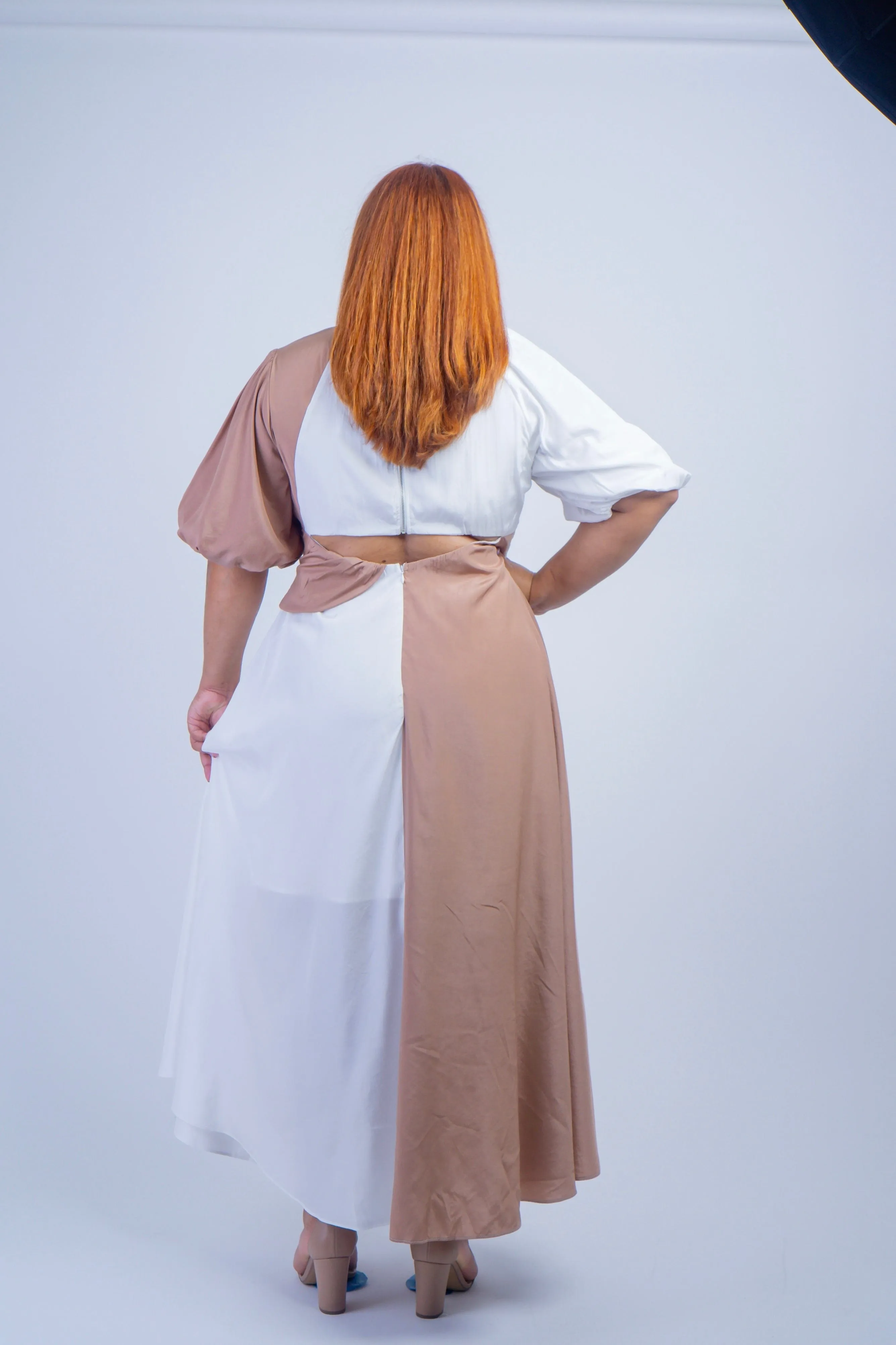Plus White Tan Color Block Maxi Dress