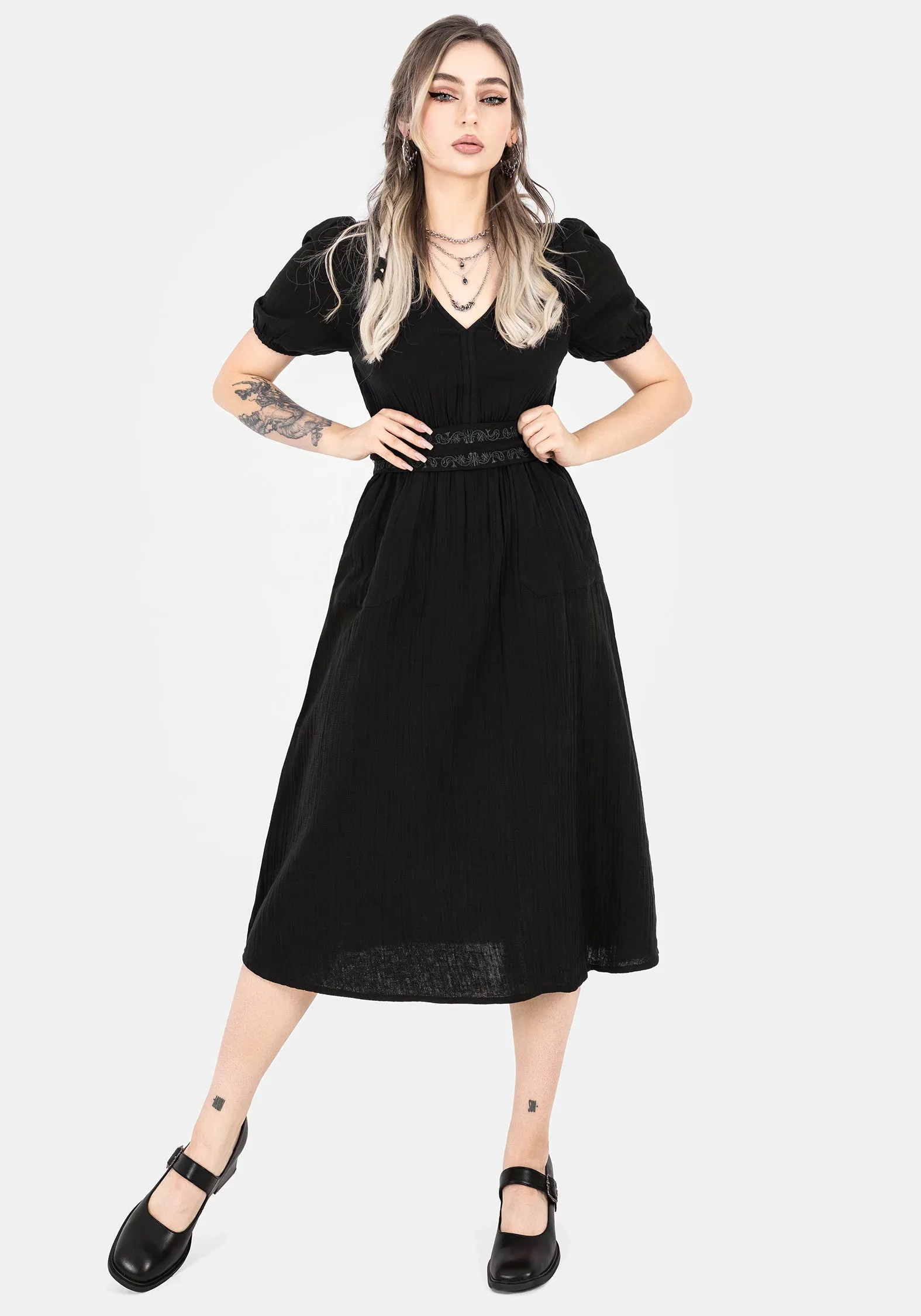 Poultice Embroidered Cotton Midi Dress - Black