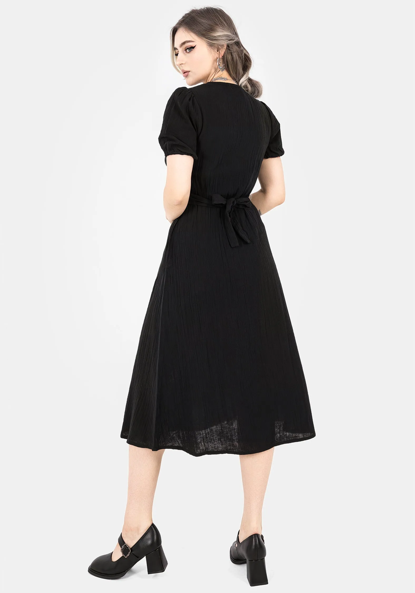 Poultice Embroidered Cotton Midi Dress - Black