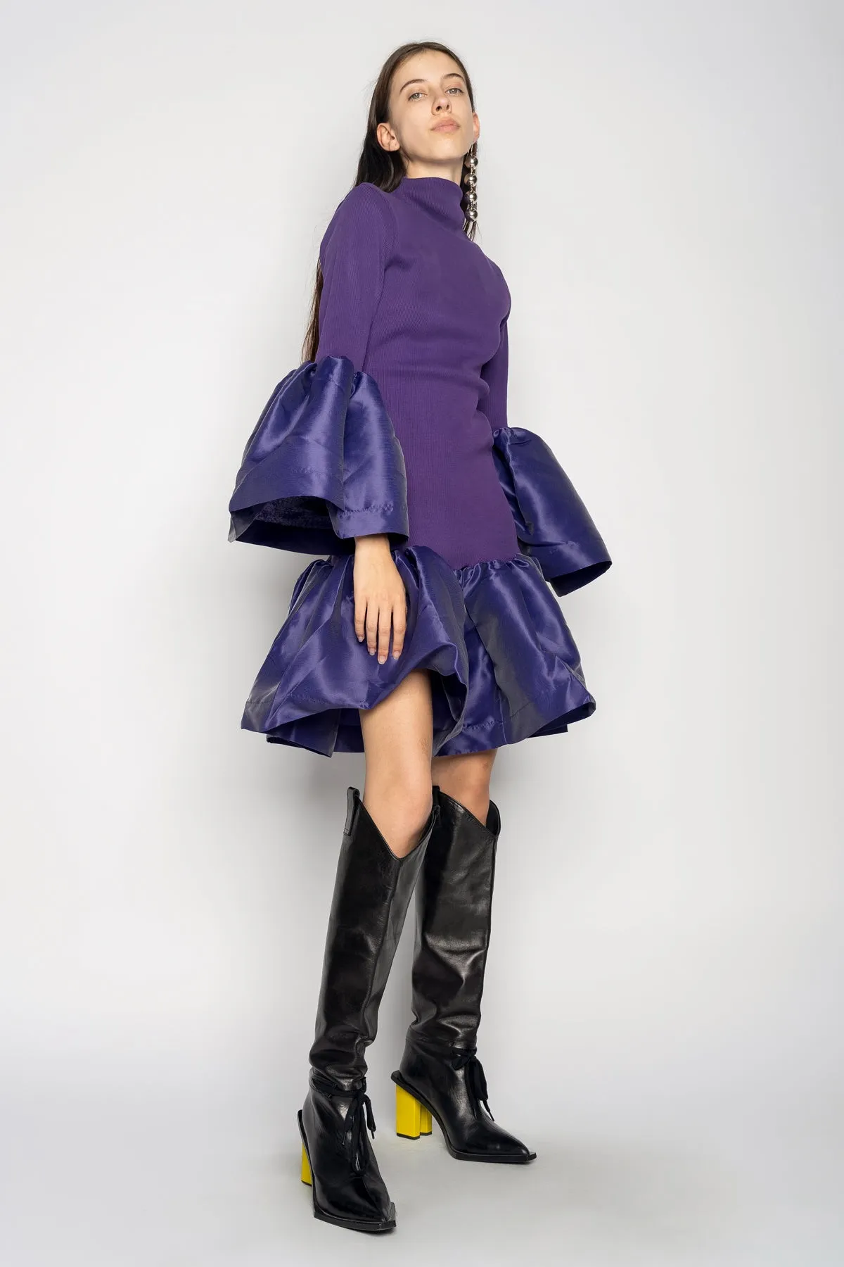 PURPLE PUFF SLEEVE AND HEM DRESS