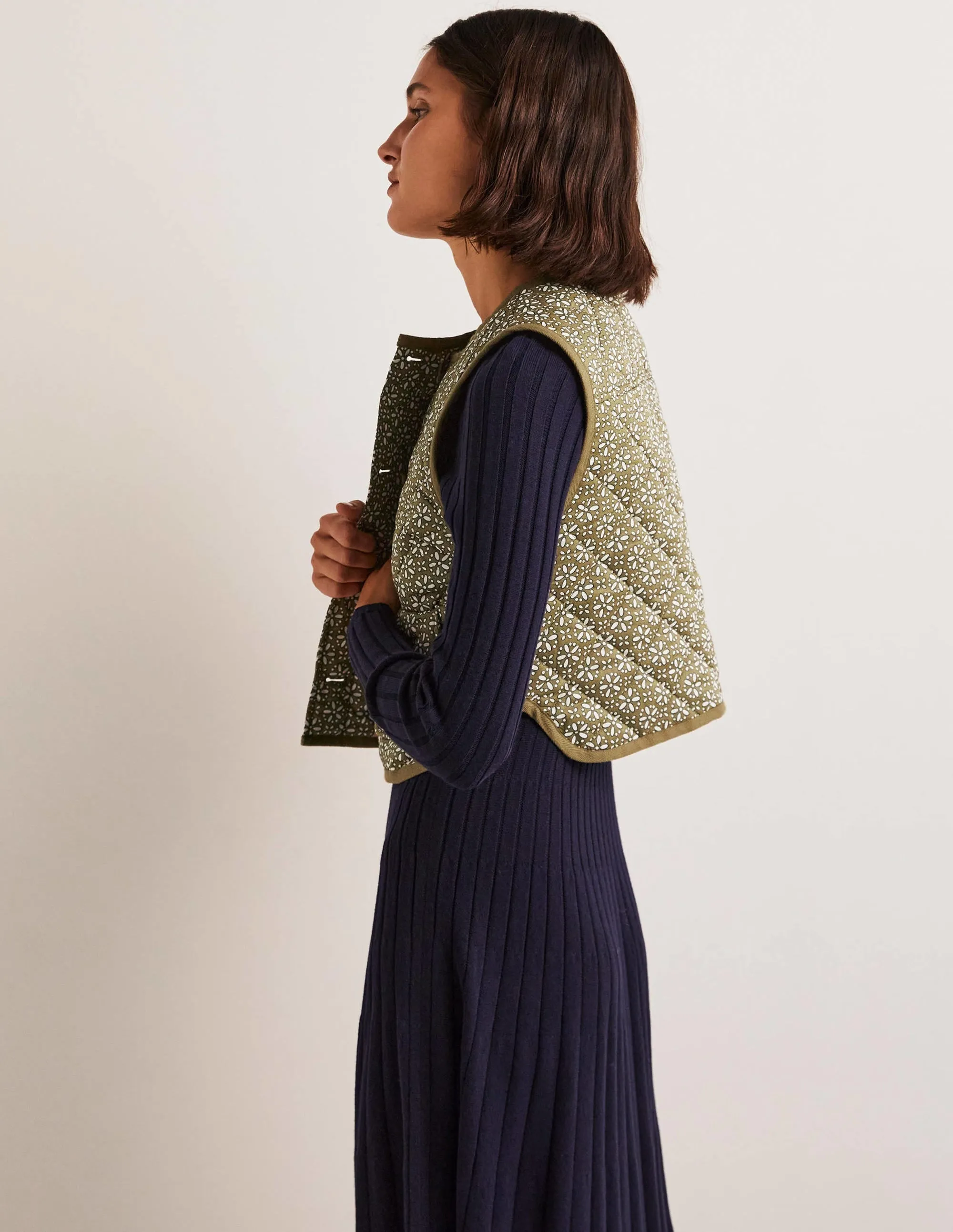 Quilted Vest-Basil Green. Dainty Geo