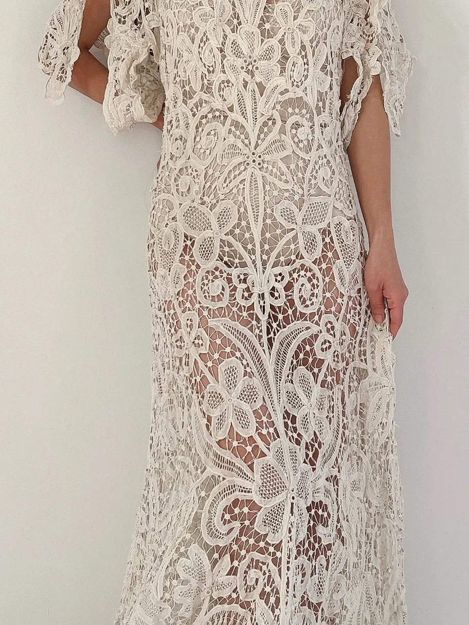 Rare Antique Battenburg Tape Lace Gown - S-M