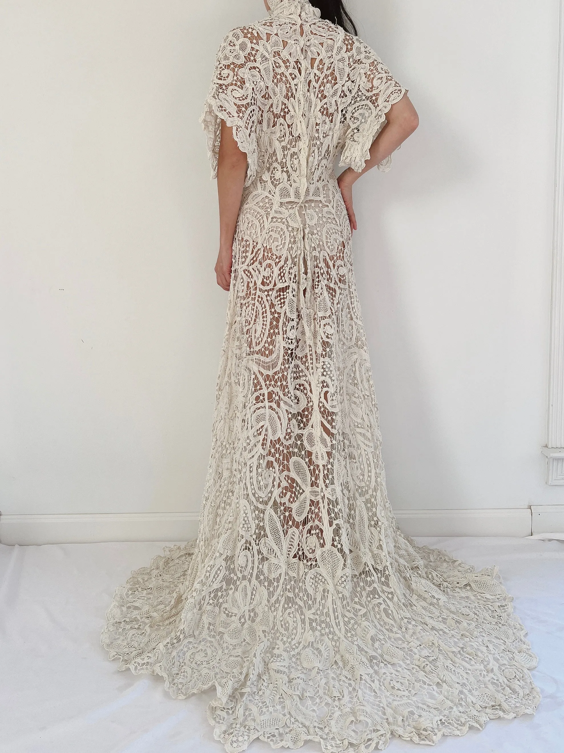 Rare Antique Battenburg Tape Lace Gown - S-M
