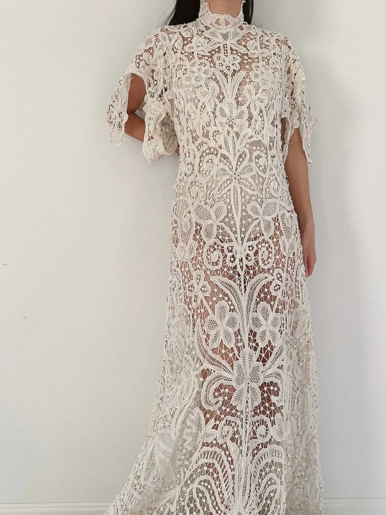 Rare Antique Battenburg Tape Lace Gown - S-M