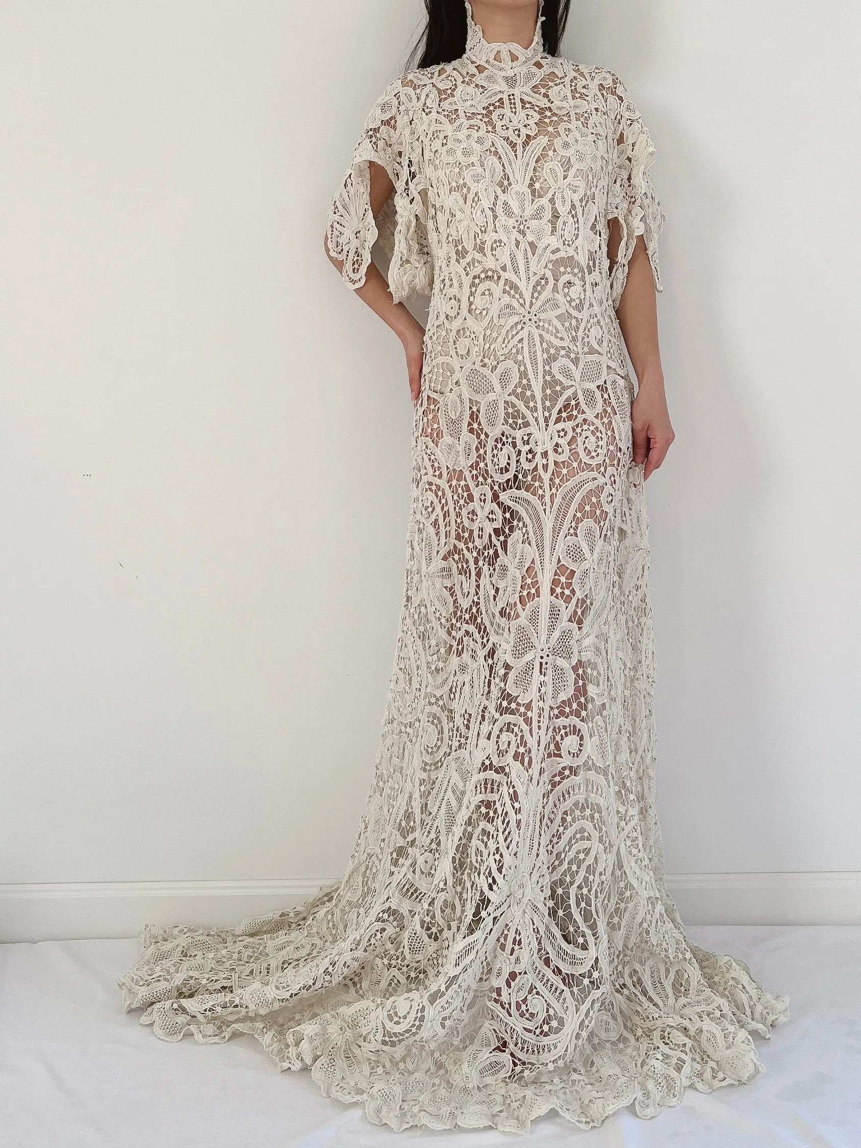Rare Antique Battenburg Tape Lace Gown - S-M