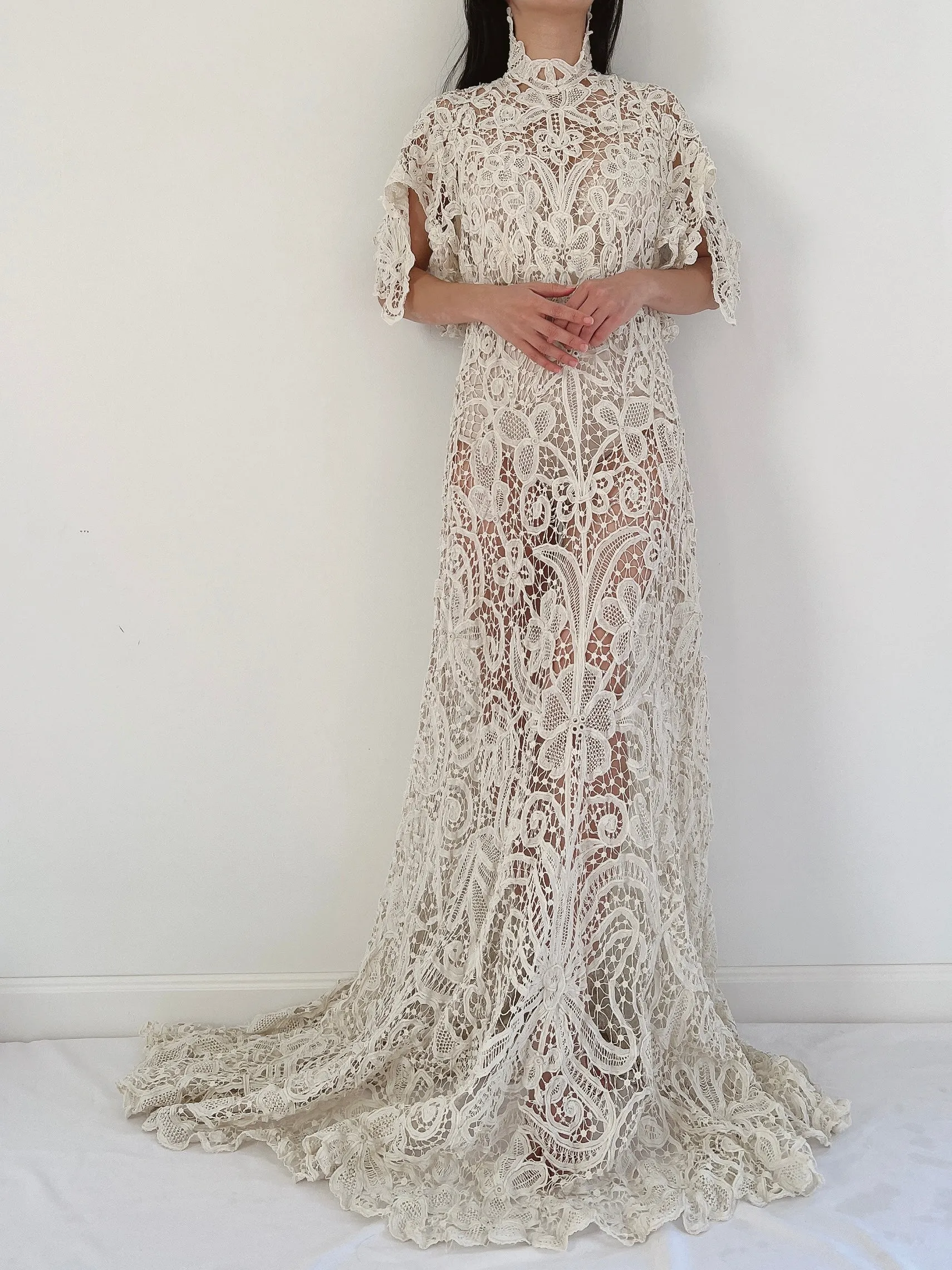 Rare Antique Battenburg Tape Lace Gown - S-M