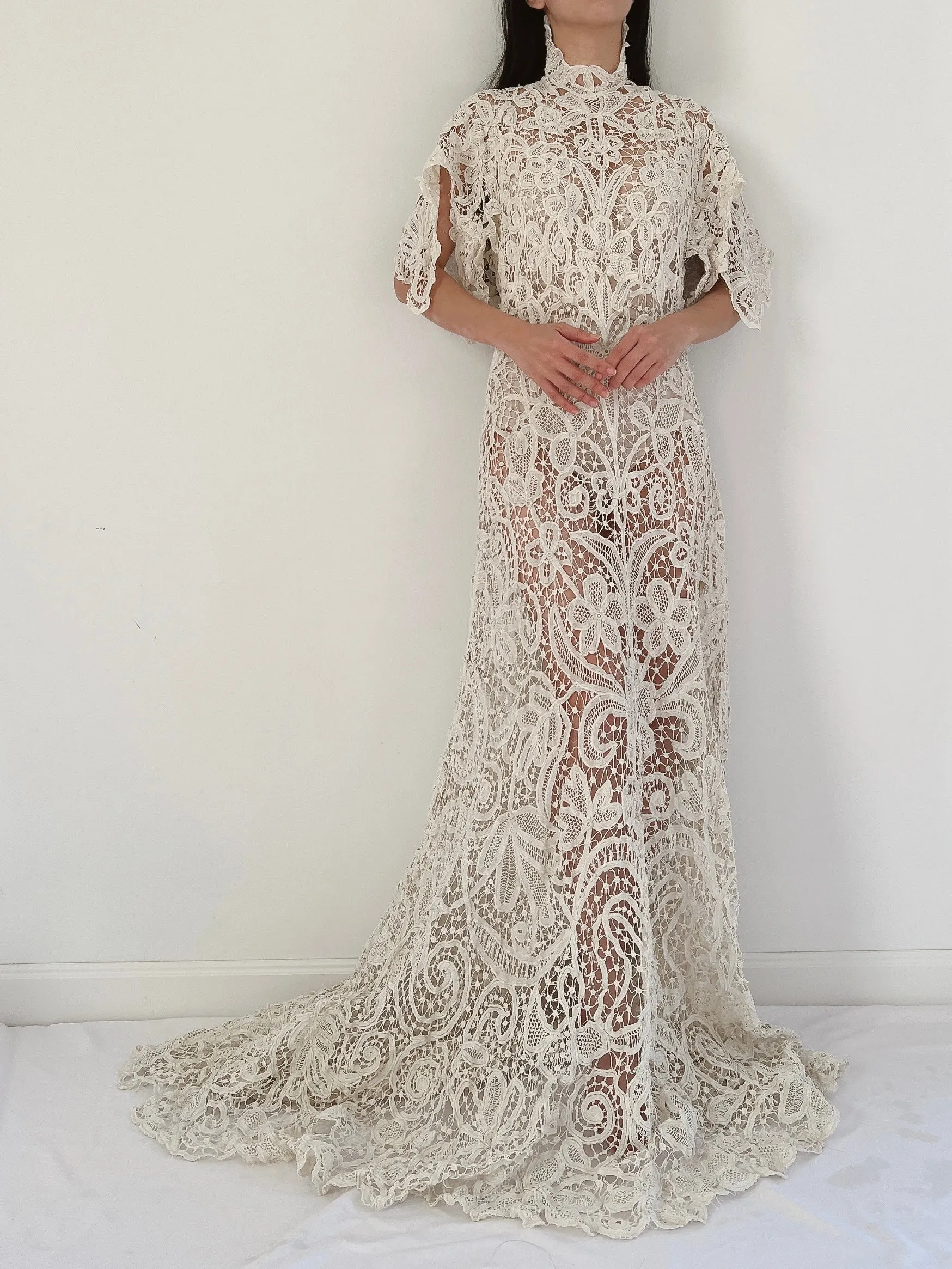 Rare Antique Battenburg Tape Lace Gown - S-M