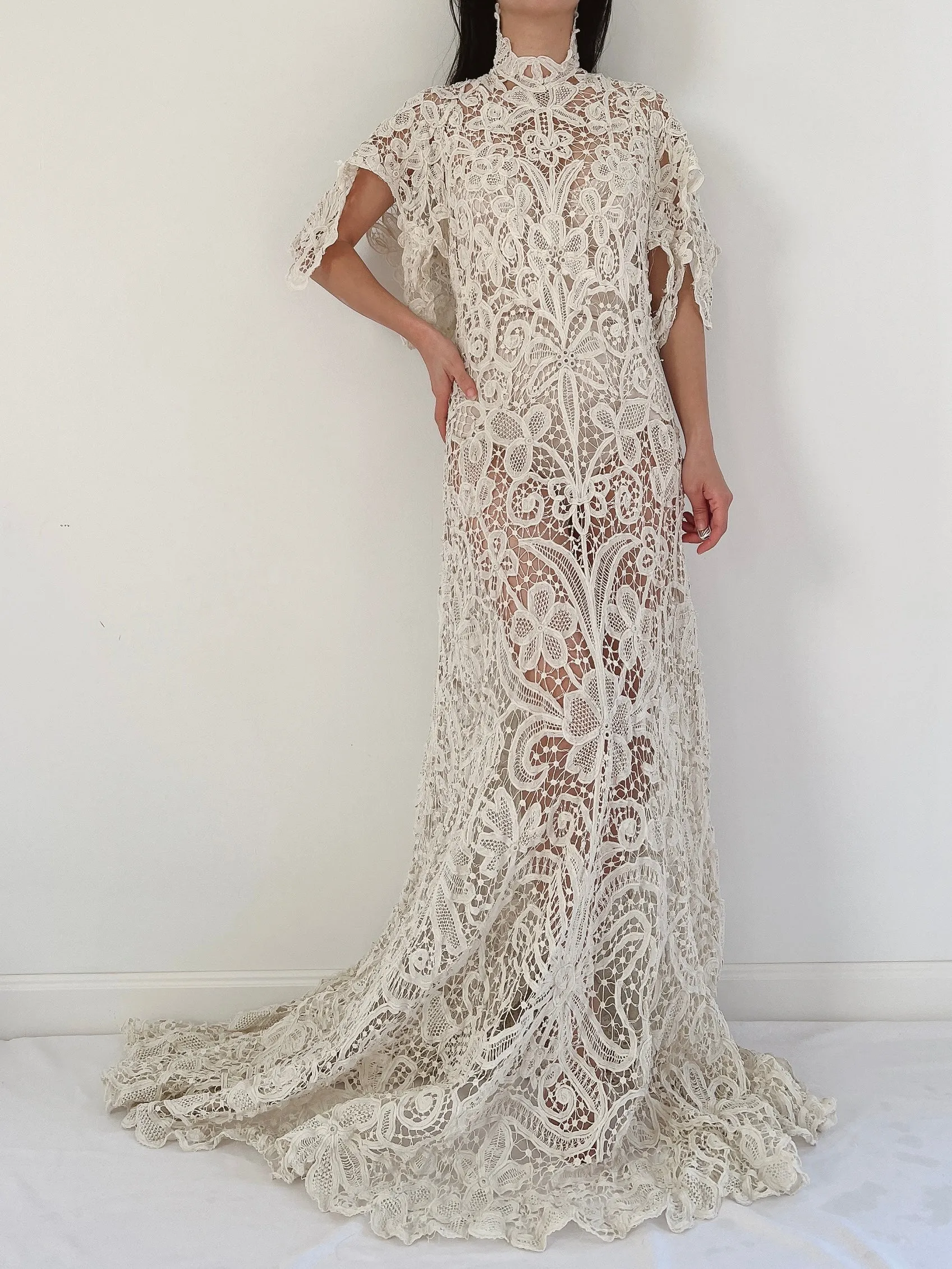Rare Antique Battenburg Tape Lace Gown - S-M