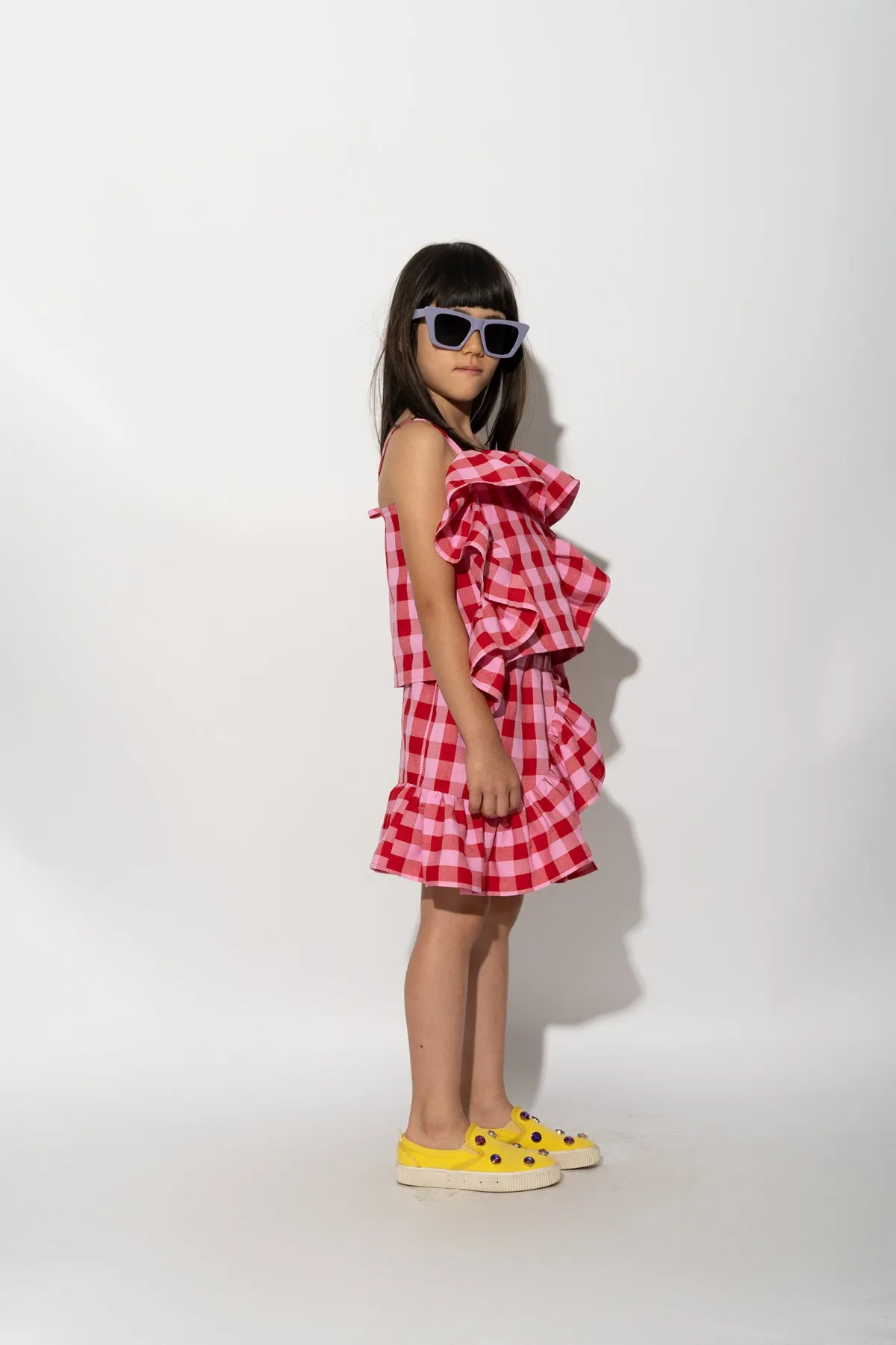 RED AND PINK GINGHAM FRILL TOP