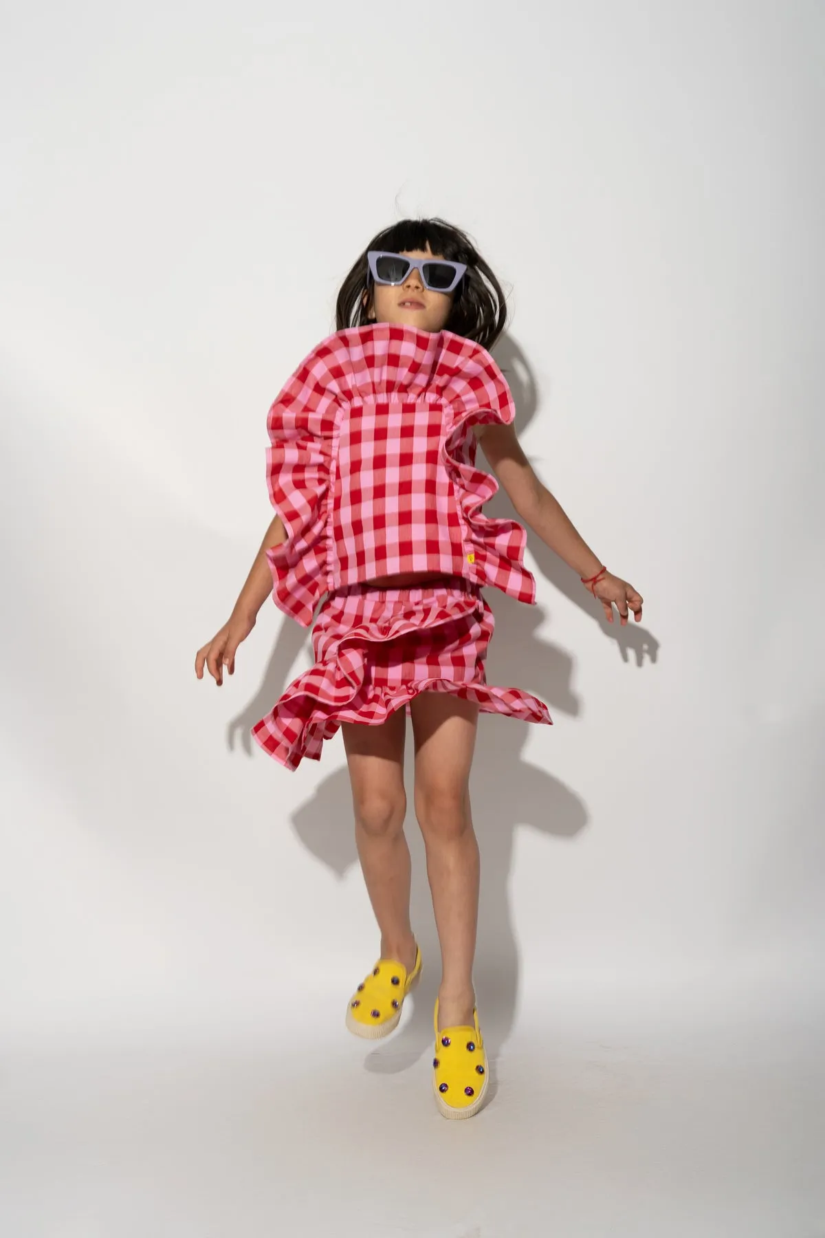 RED AND PINK GINGHAM FRILL TOP