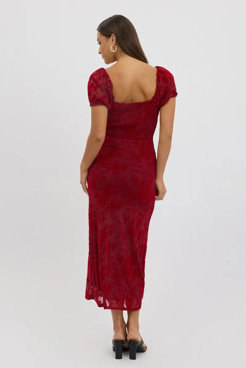 Red Maxi Dress Puff Sleeve Burn Out