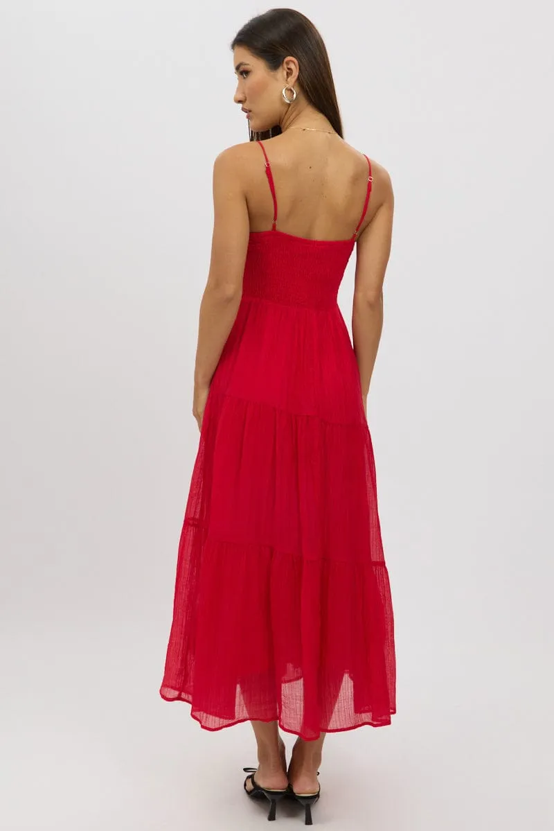 Red Midi Dress Tiered Strappy