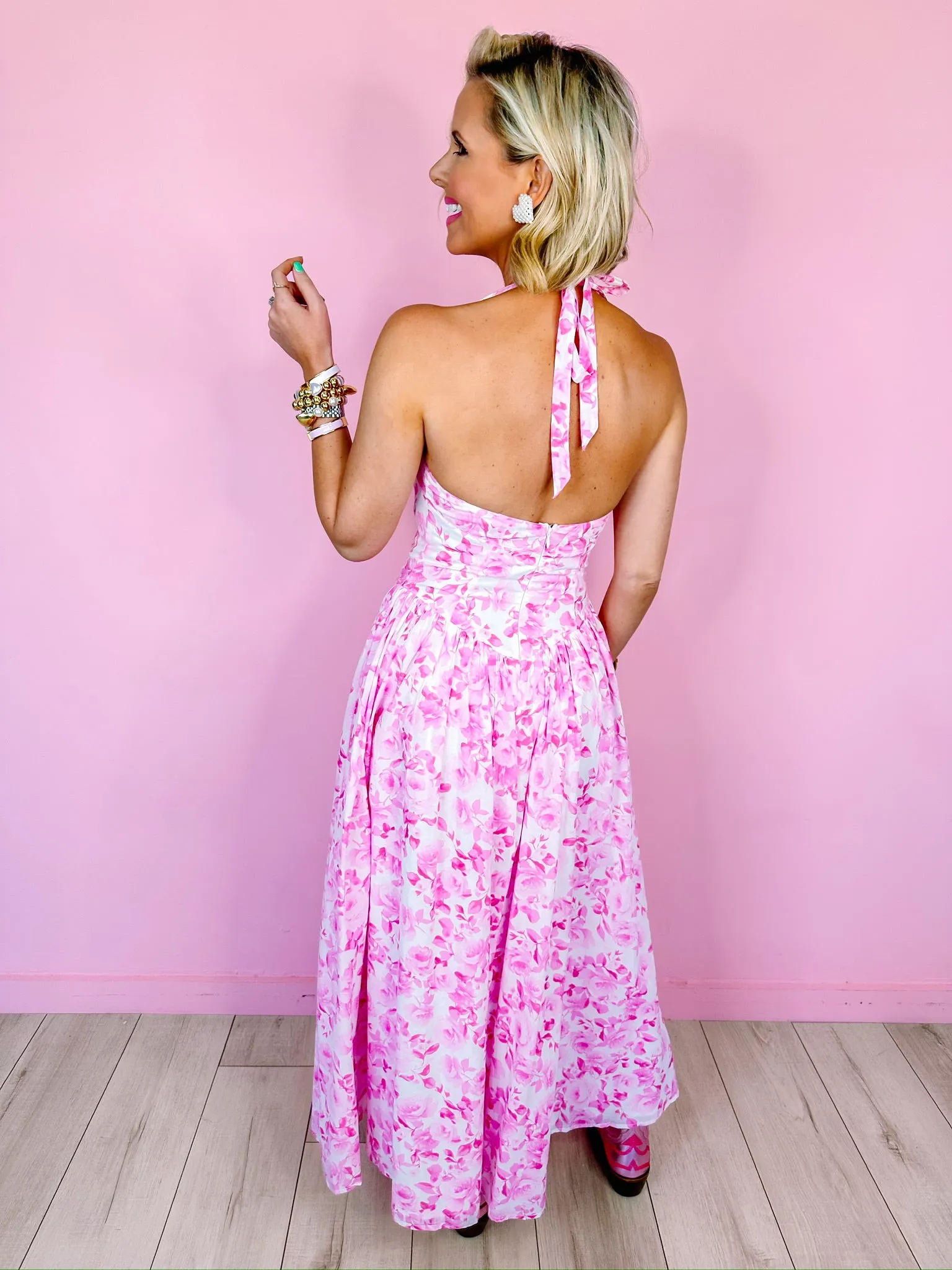 ROSEWOOD ROMANCE HALTER MIDI DRESS - PINK