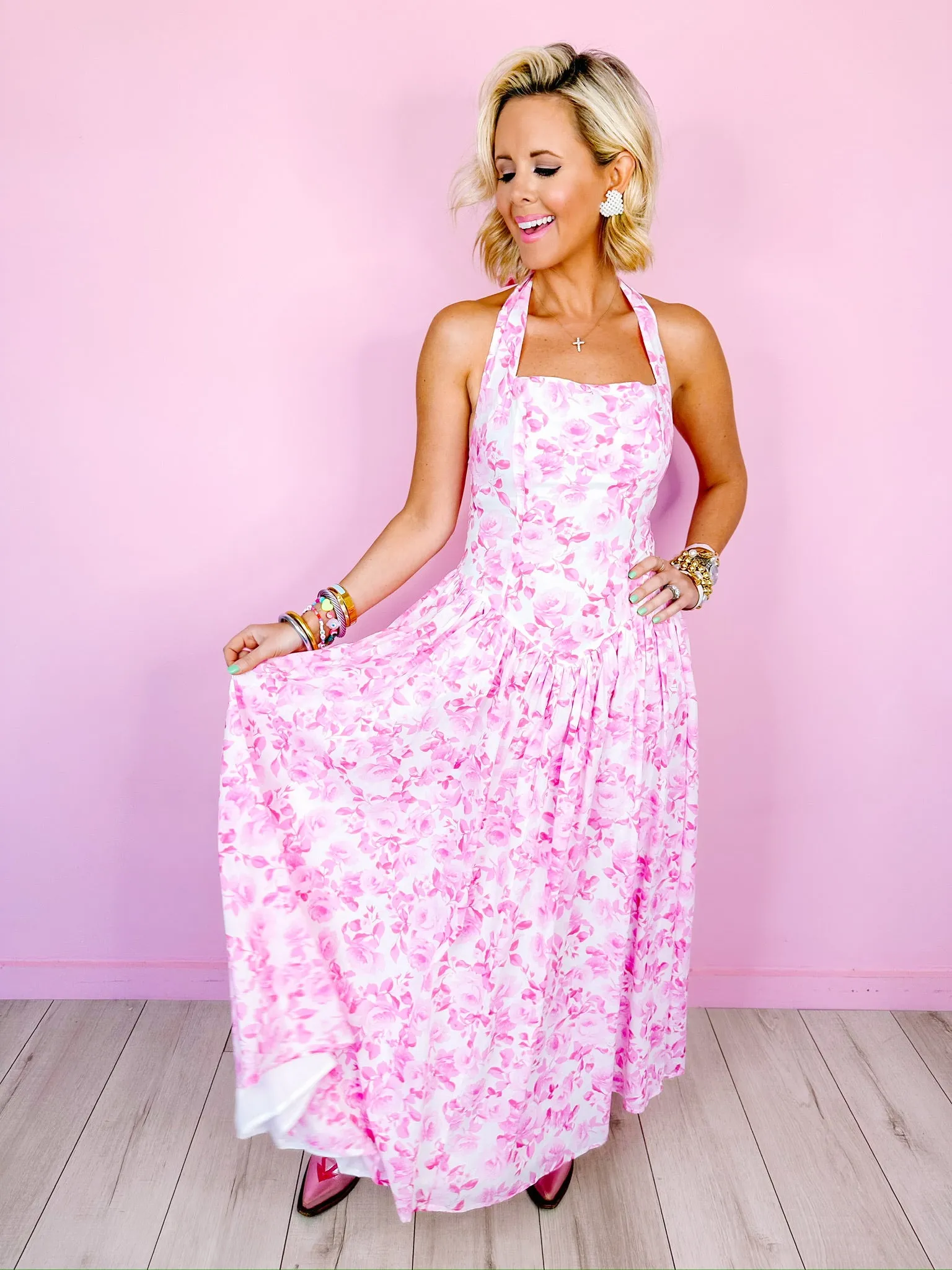 ROSEWOOD ROMANCE HALTER MIDI DRESS - PINK