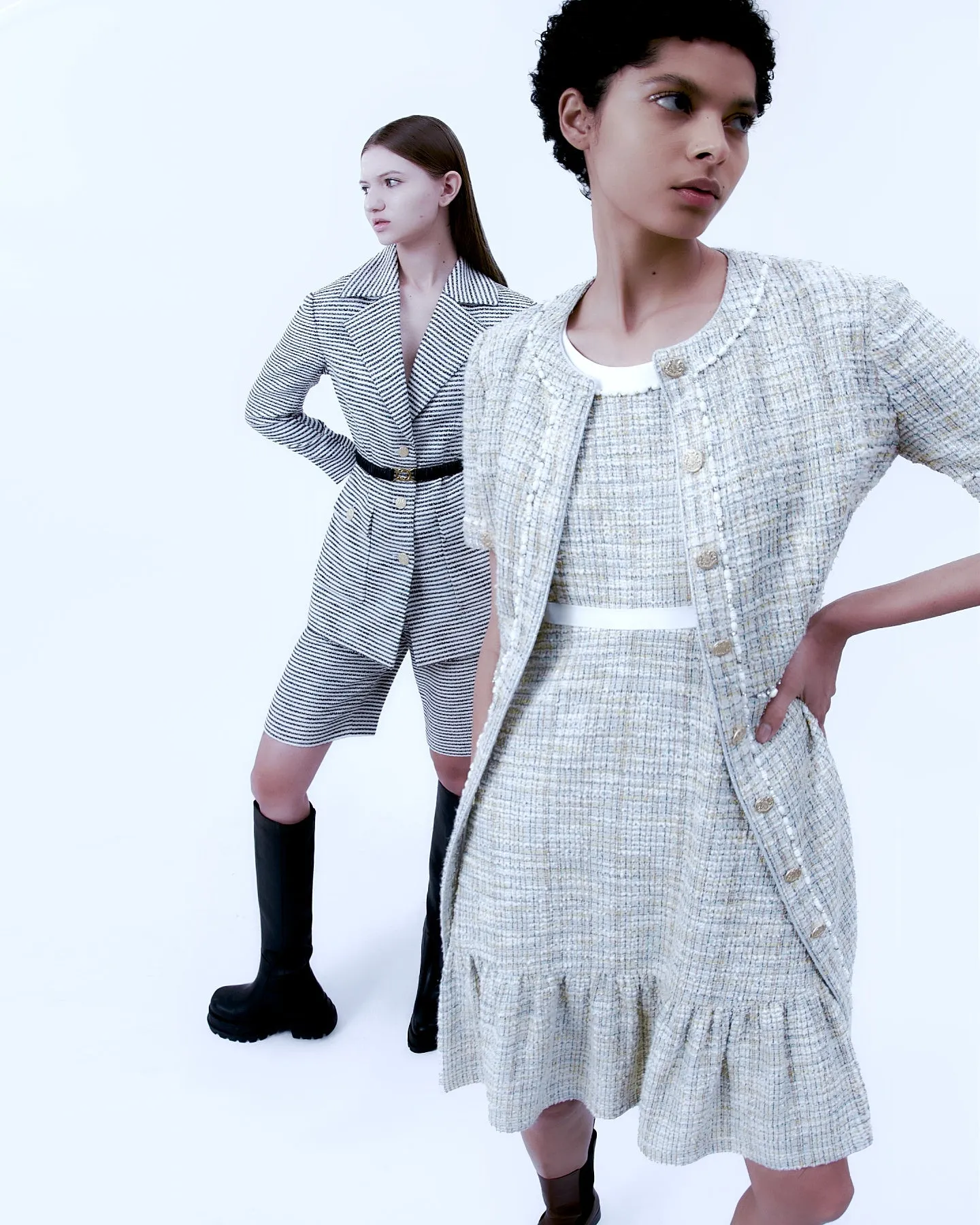 Ruffle-detailing White Lining Mix-green Tweed Dress