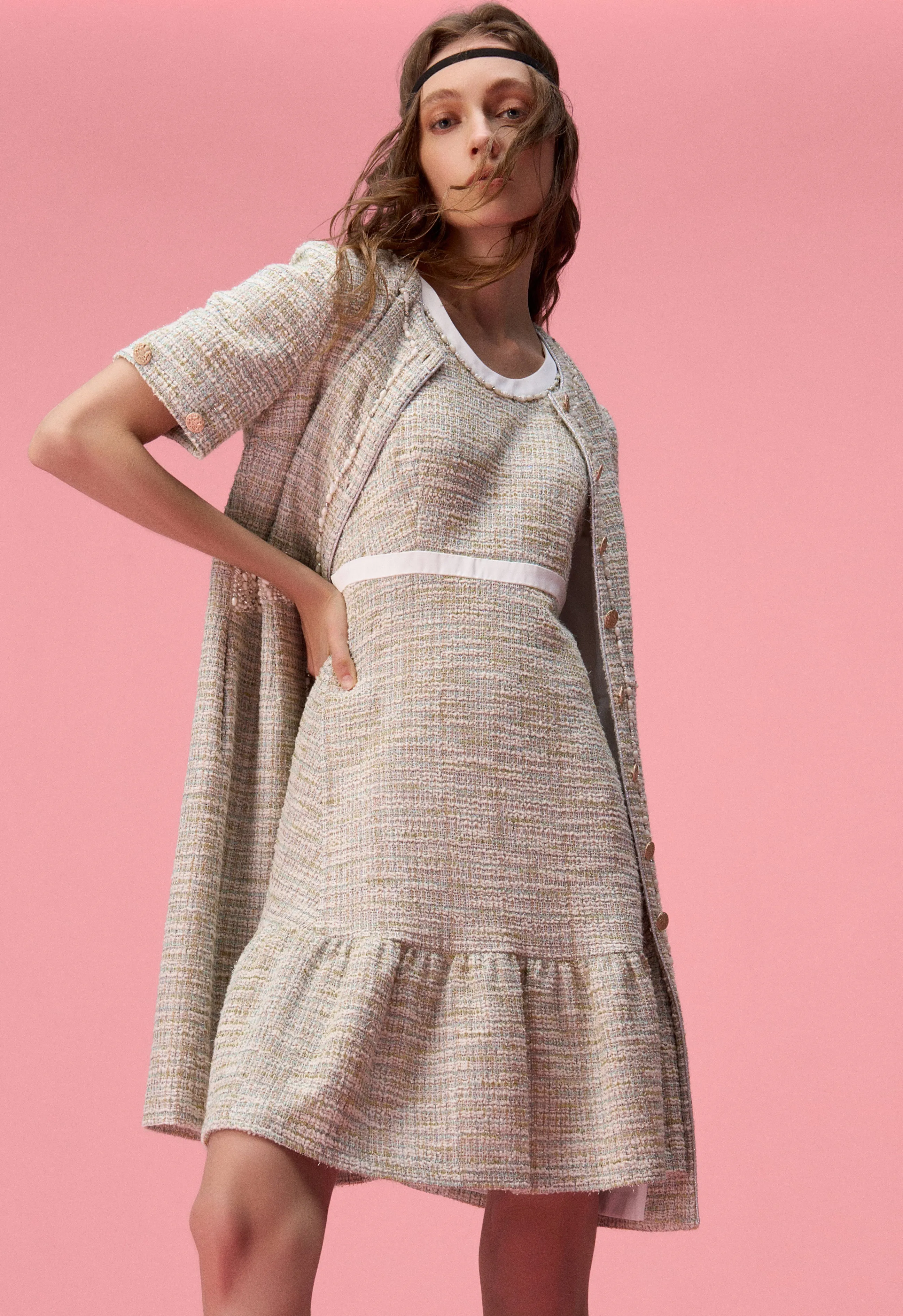 Ruffle-detailing White Lining Mix-green Tweed Dress