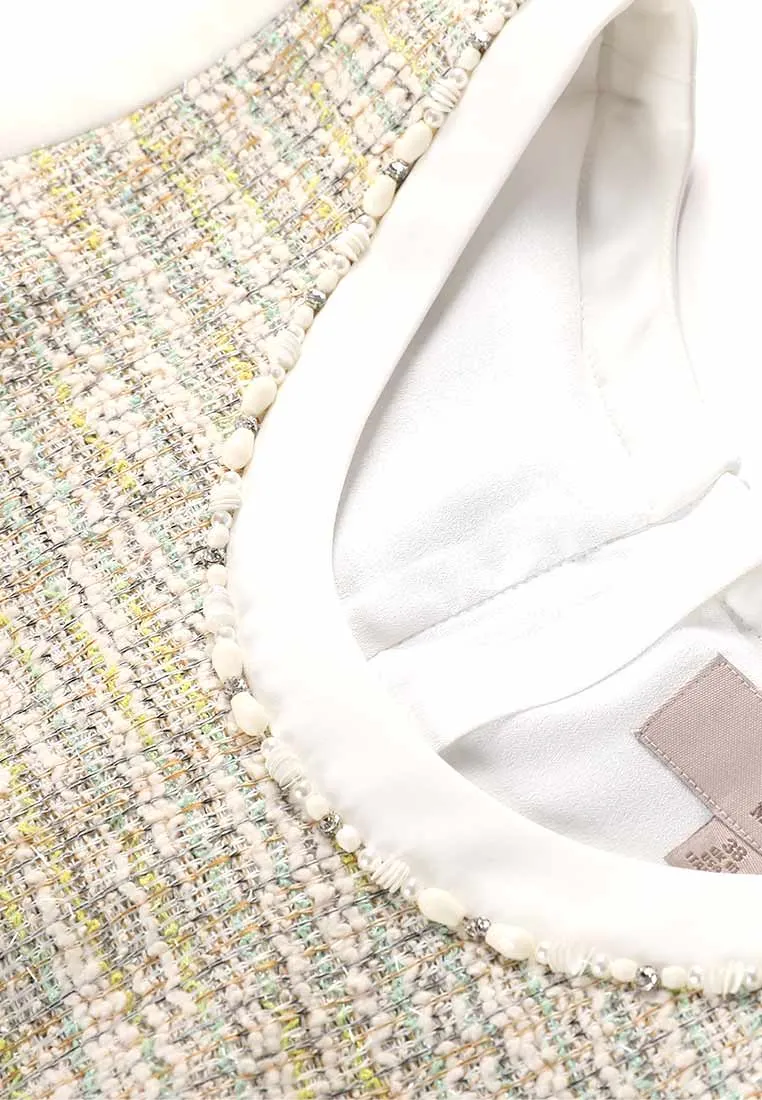 Ruffle-detailing White Lining Mix-green Tweed Dress
