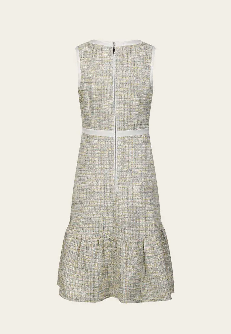 Ruffle-detailing White Lining Mix-green Tweed Dress