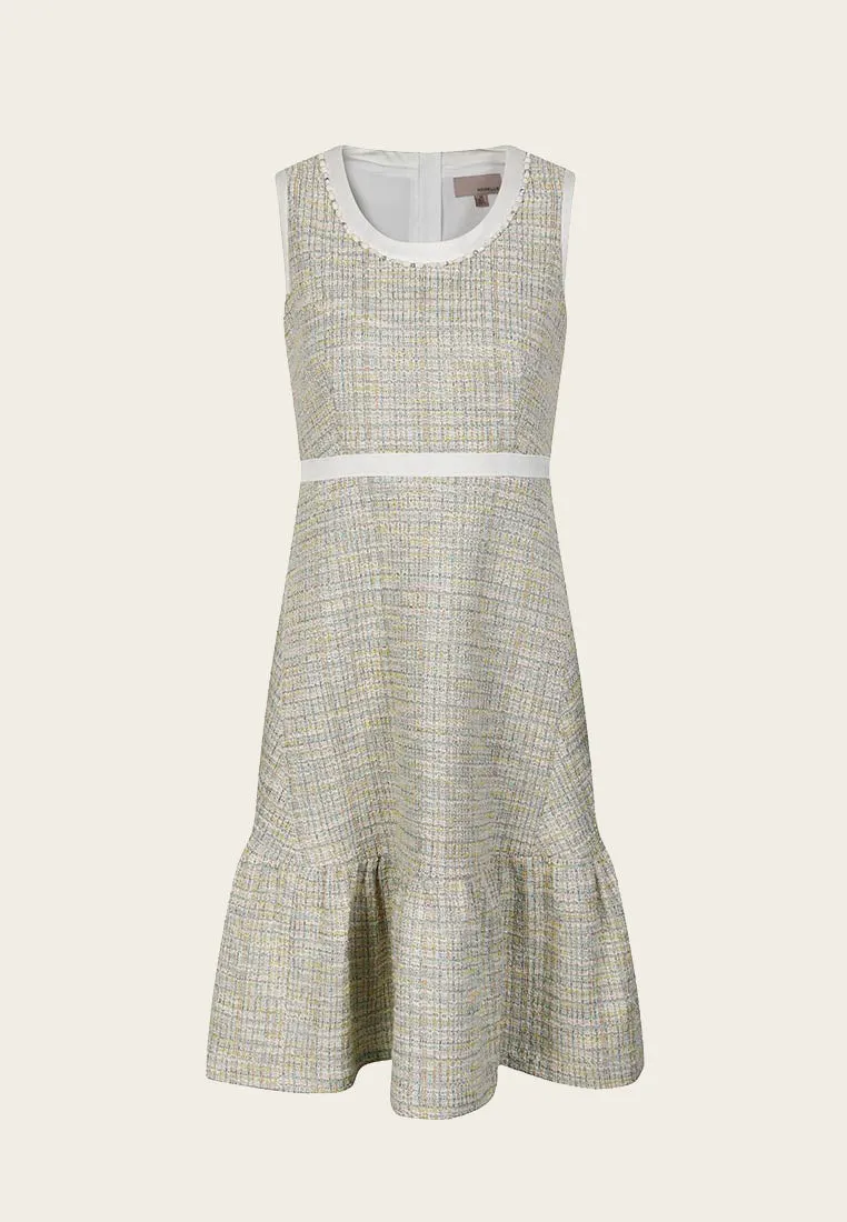 Ruffle-detailing White Lining Mix-green Tweed Dress