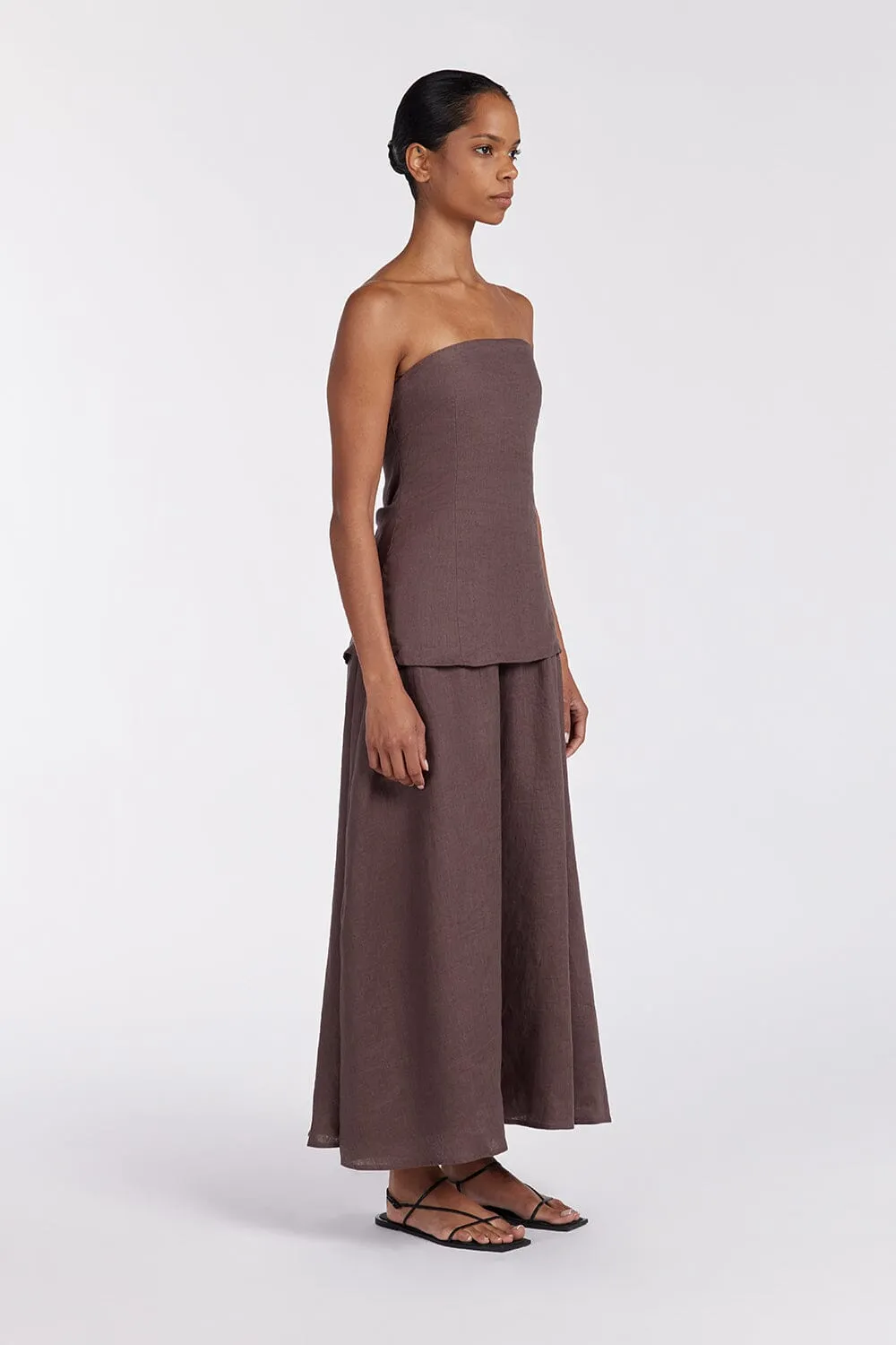 SASKIA CHOC LINEN STRAPLESS DRESS