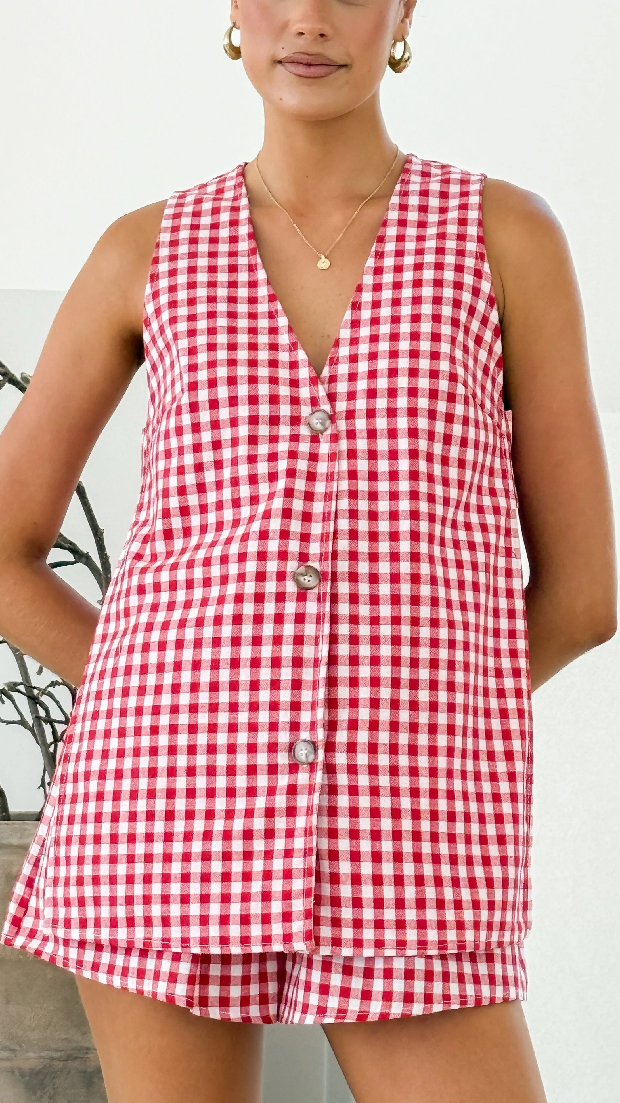 Selma Vest and Shorts Set - Red Gingham