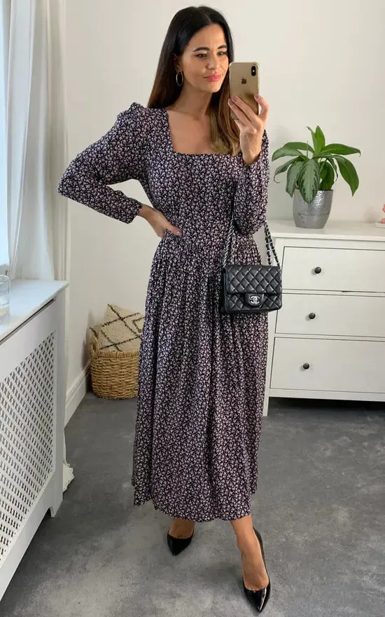 Shirred Waist Tiered Black And Pink Midi Dress