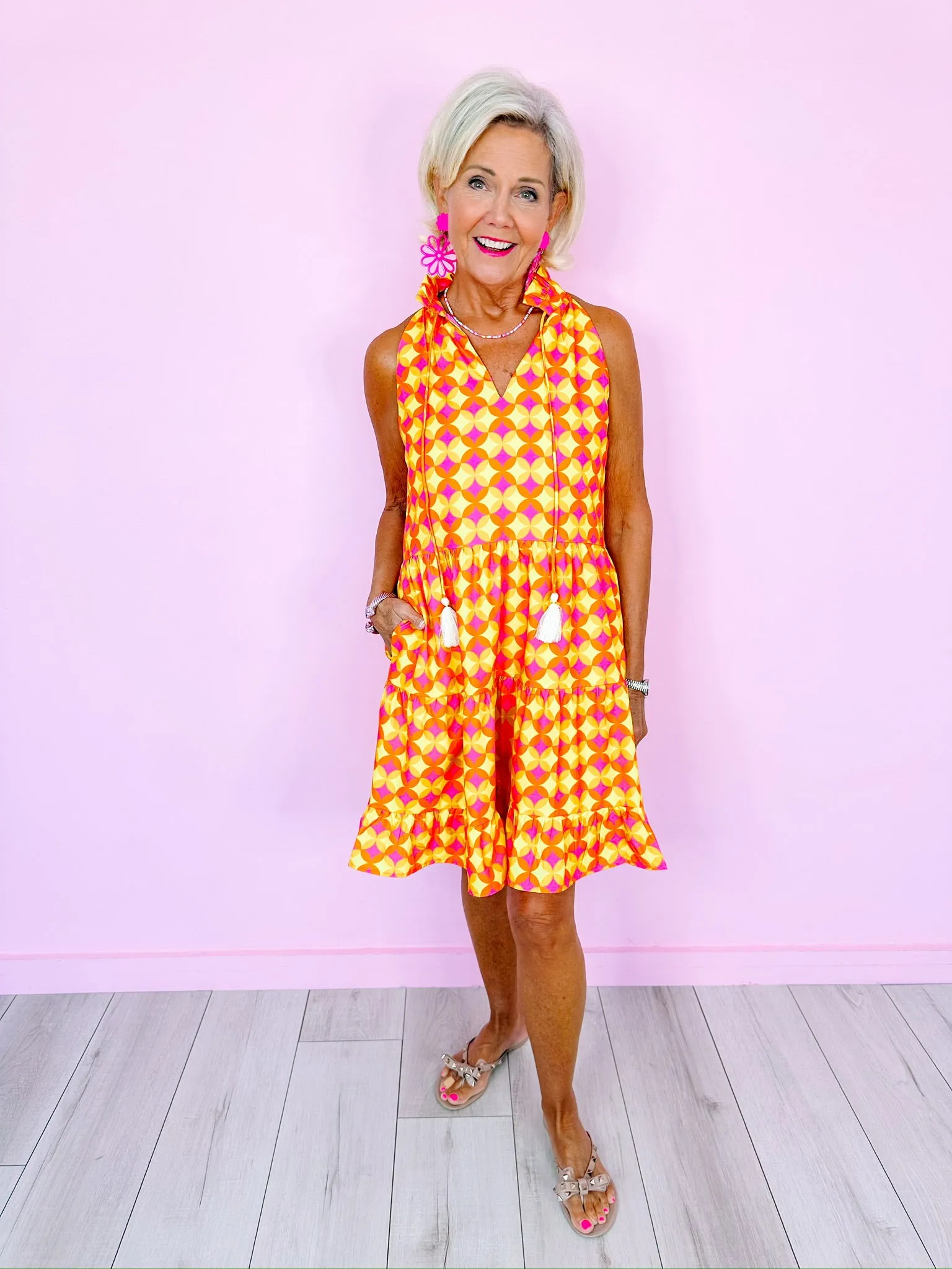 SPARKLY ORBS TIERED DRESS - YELLOW