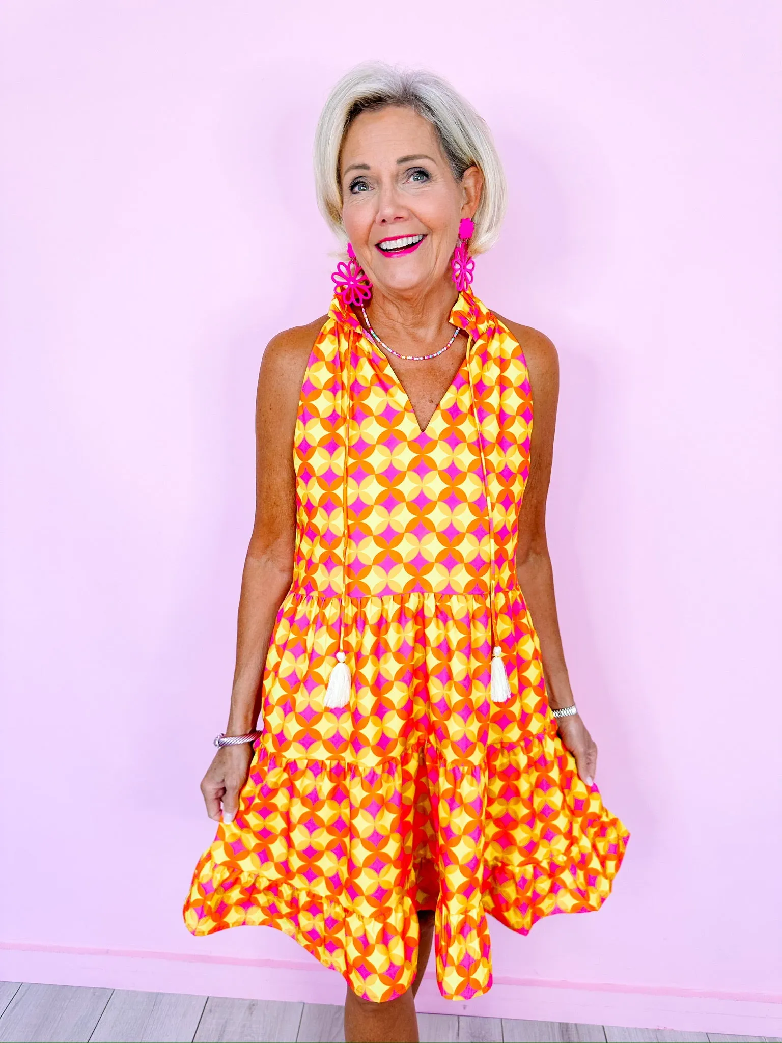 SPARKLY ORBS TIERED DRESS - YELLOW
