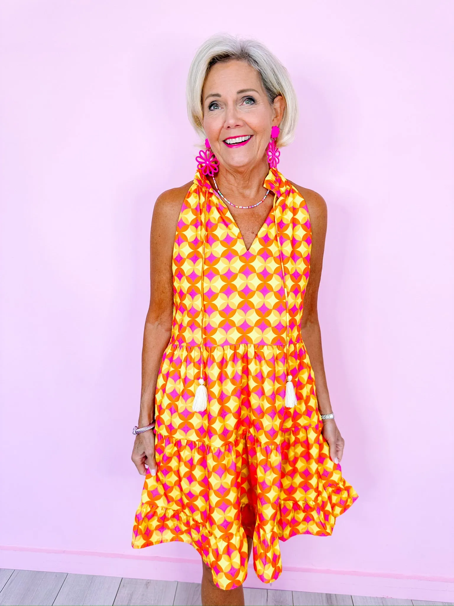 SPARKLY ORBS TIERED DRESS - YELLOW