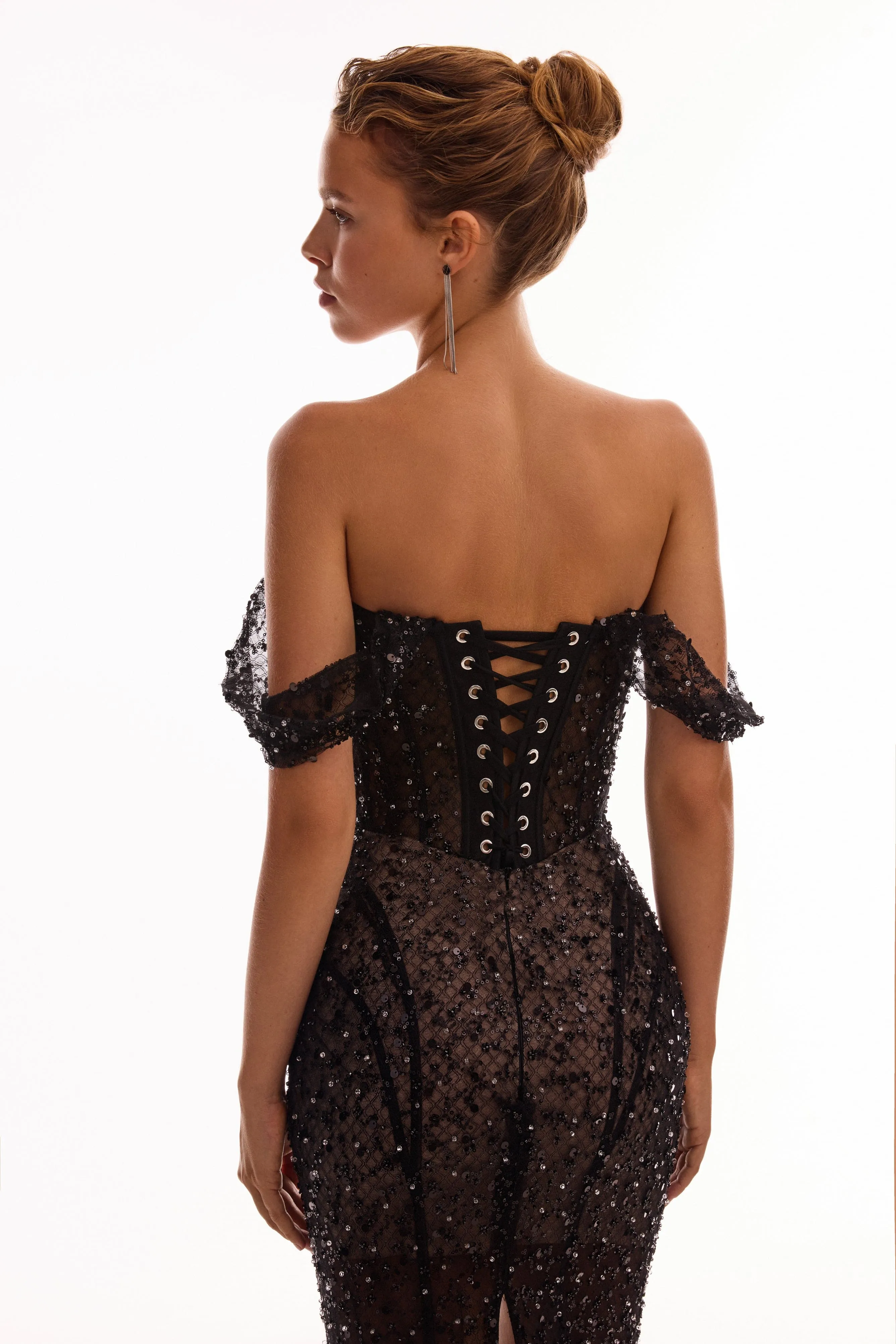 Striking black sequined fitted maxi dress, Midnight Walk