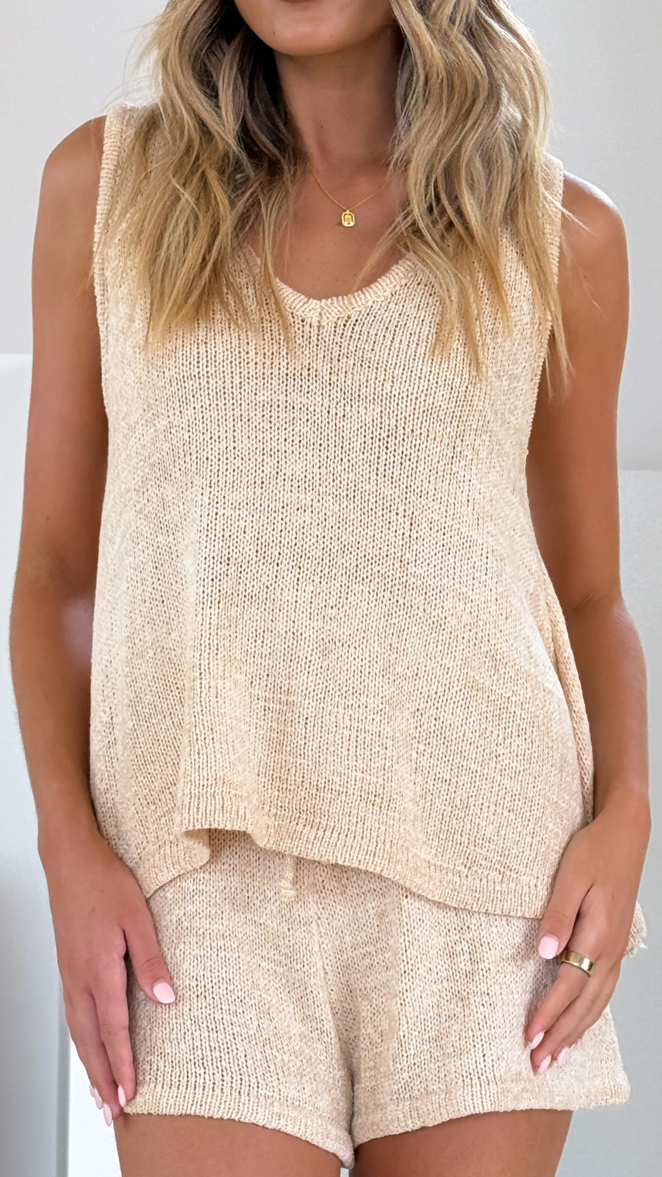 Summer Knit Top and Shorts Set - Natural
