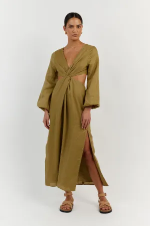 TINA OLIVE LINEN MIDI DRESS