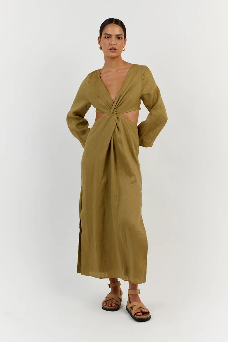 TINA OLIVE LINEN MIDI DRESS