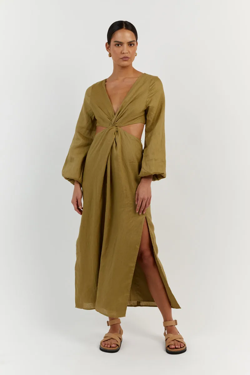 TINA OLIVE LINEN MIDI DRESS
