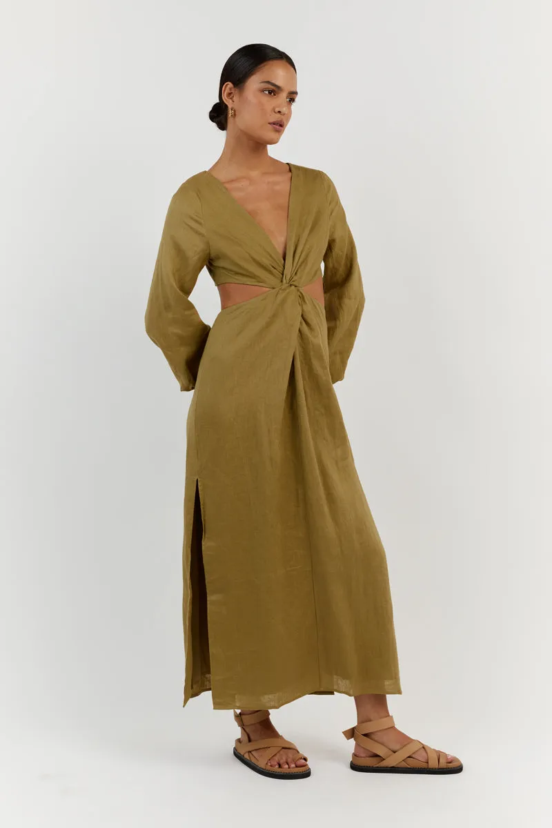 TINA OLIVE LINEN MIDI DRESS