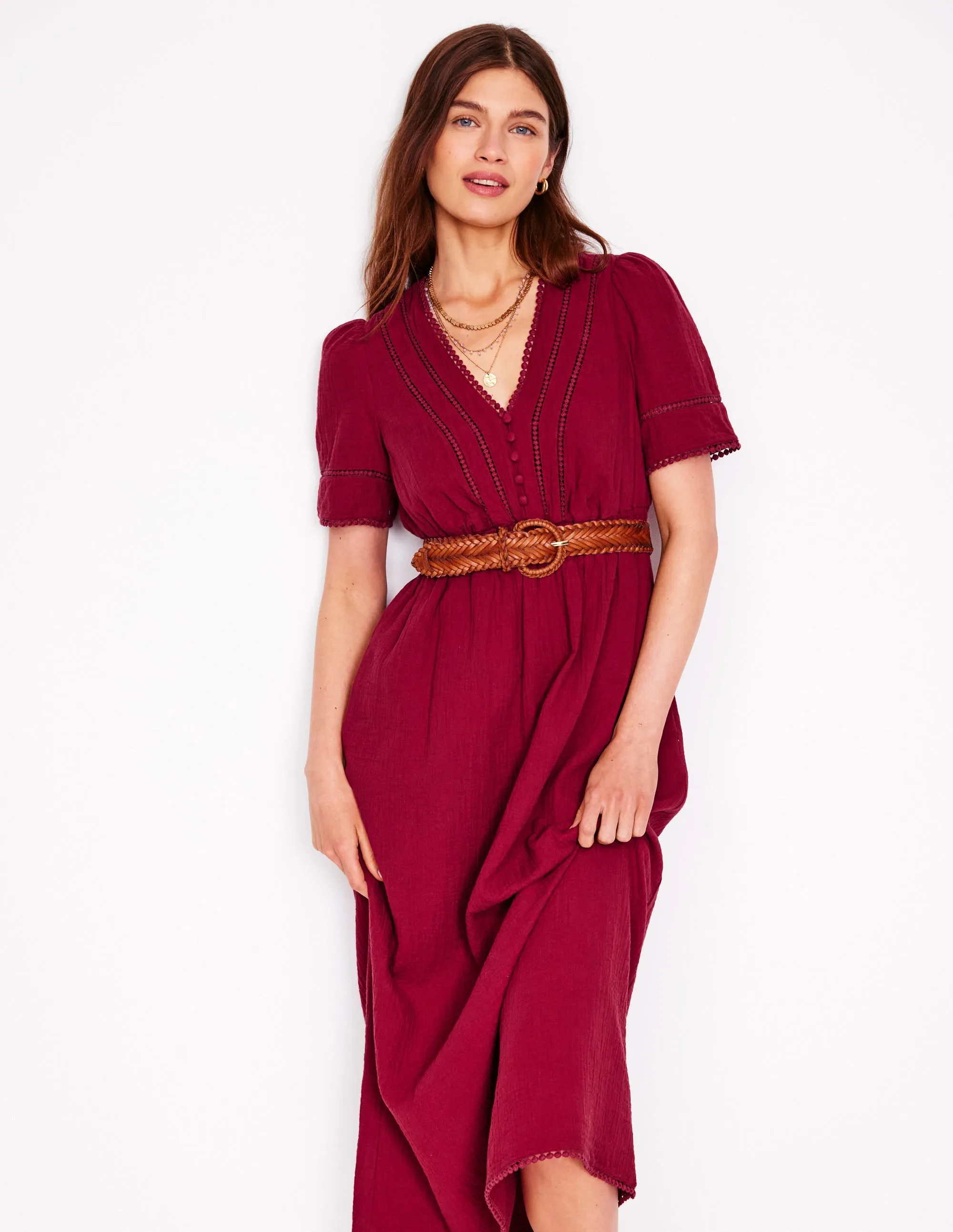 Trim Double Cloth Dress-Garnet Red