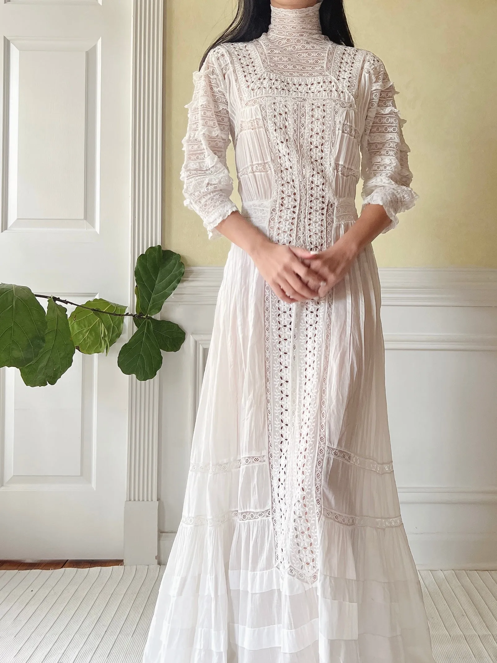 Victorian Cotton Lace and Embroidered Dress - XS