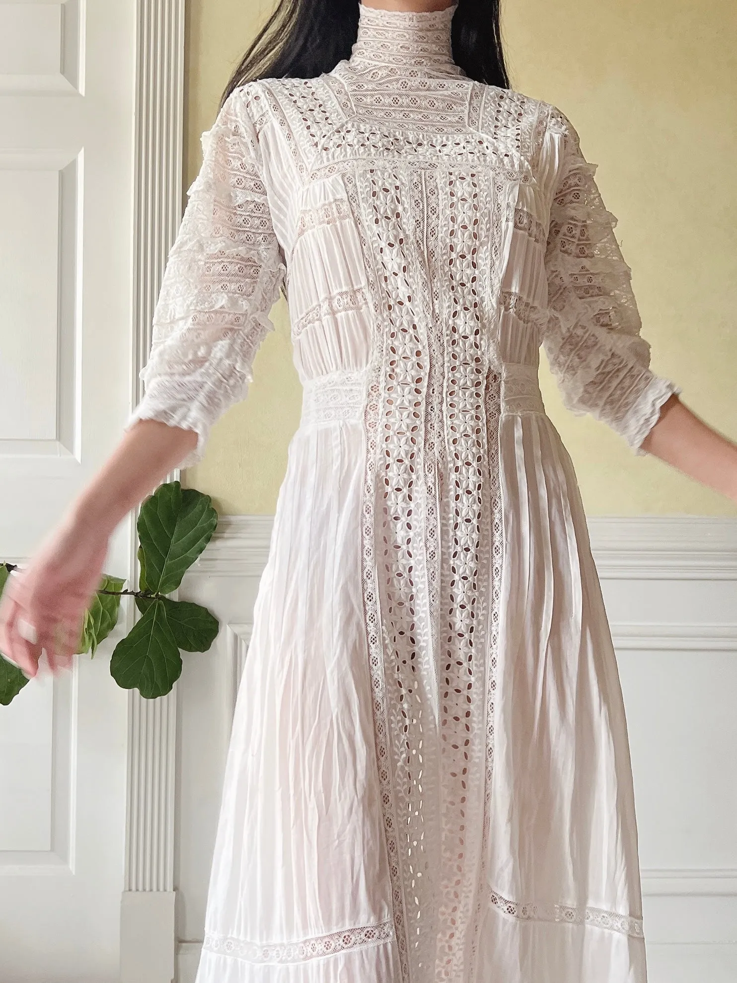 Victorian Cotton Lace and Embroidered Dress - XS