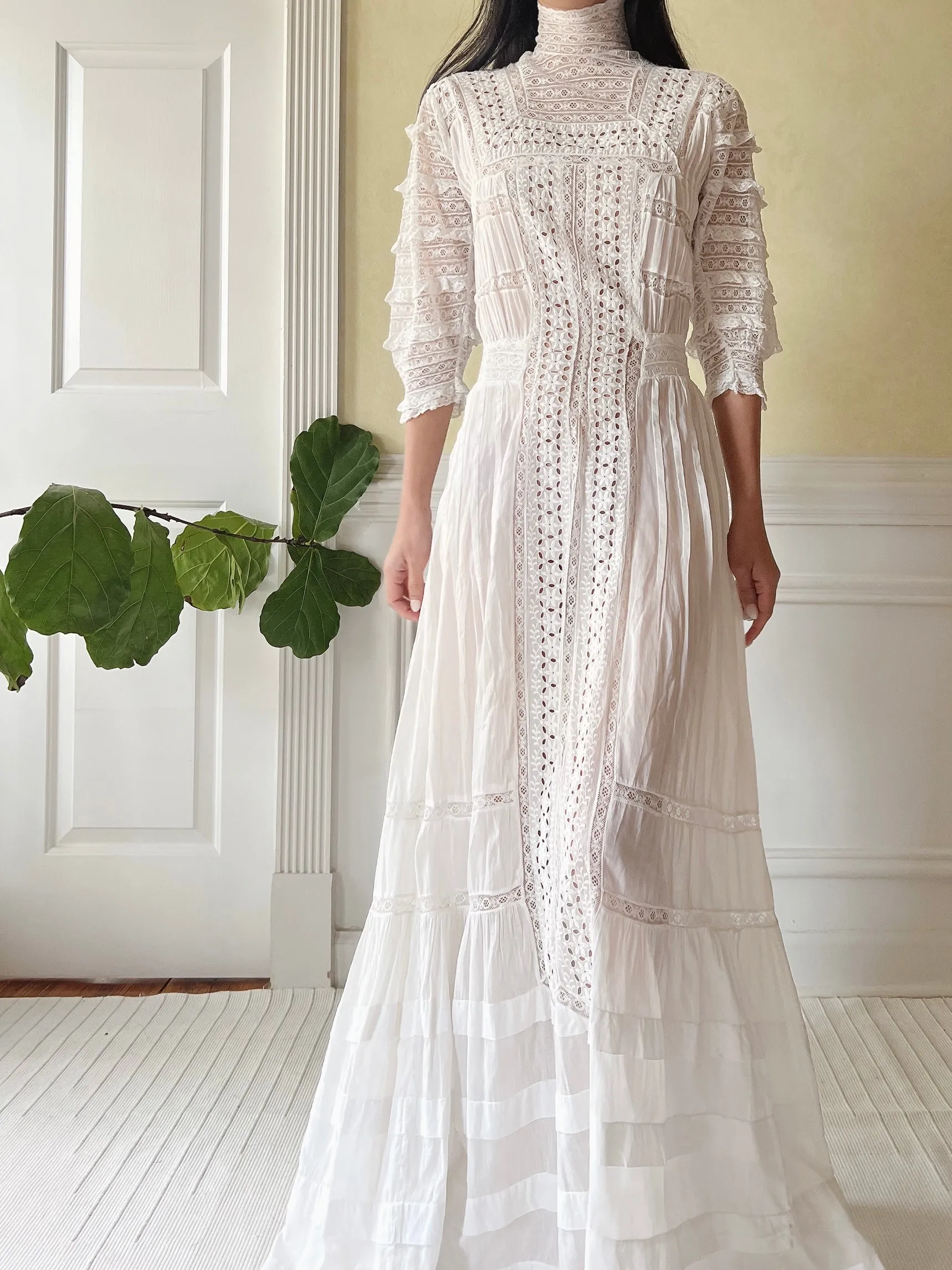 Victorian Cotton Lace and Embroidered Dress - XS