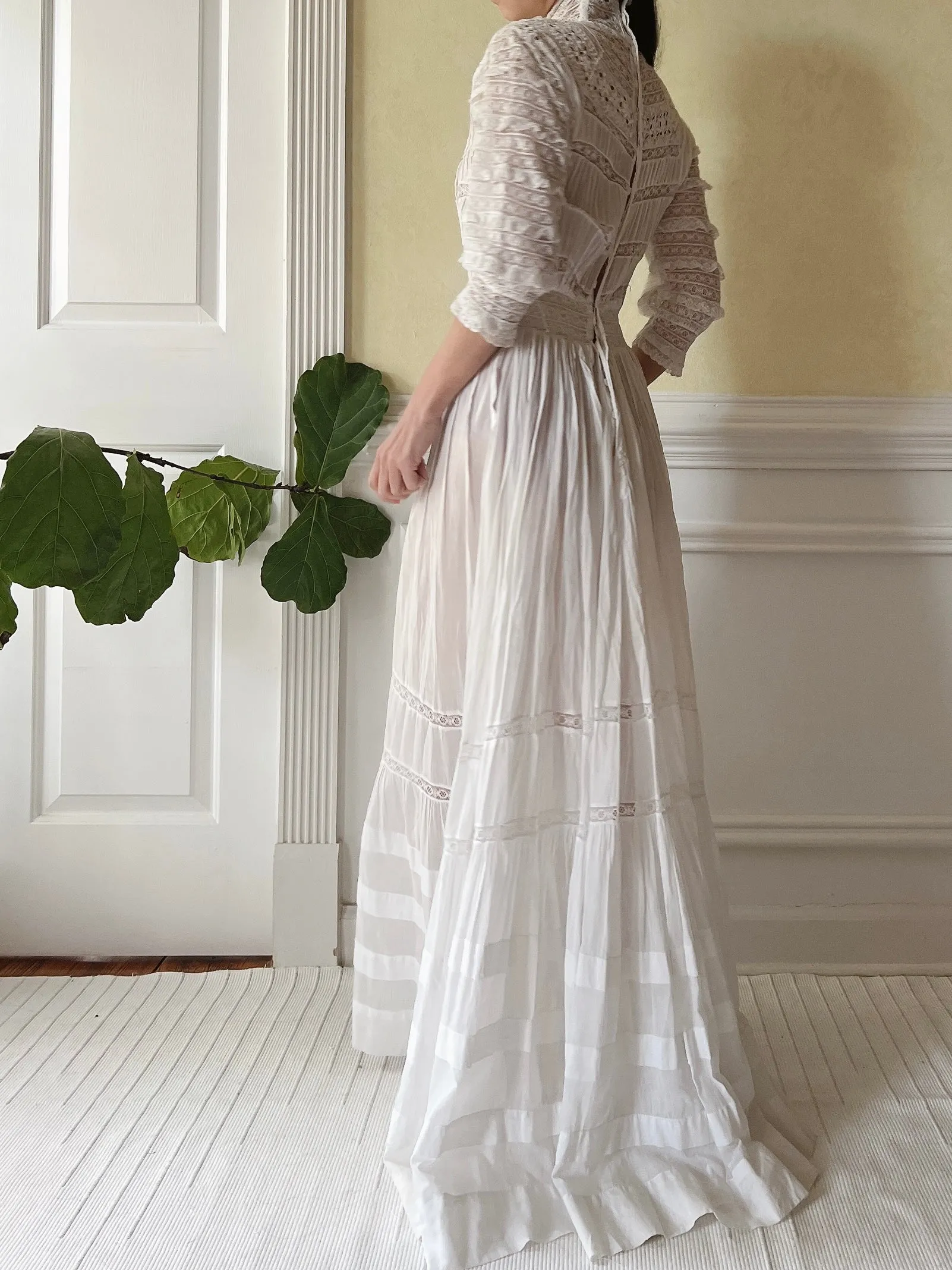 Victorian Cotton Lace and Embroidered Dress - XS
