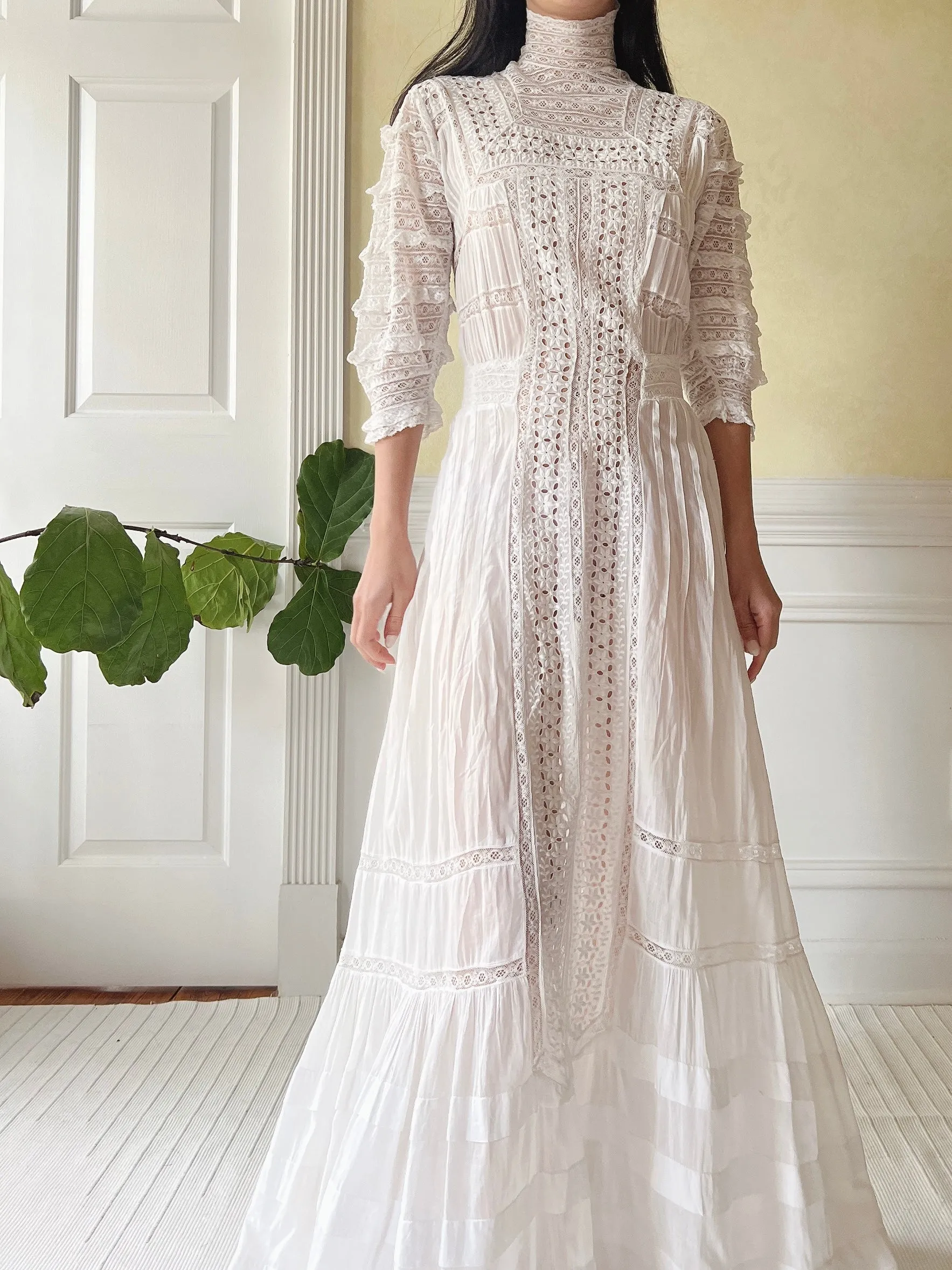 Victorian Cotton Lace and Embroidered Dress - XS