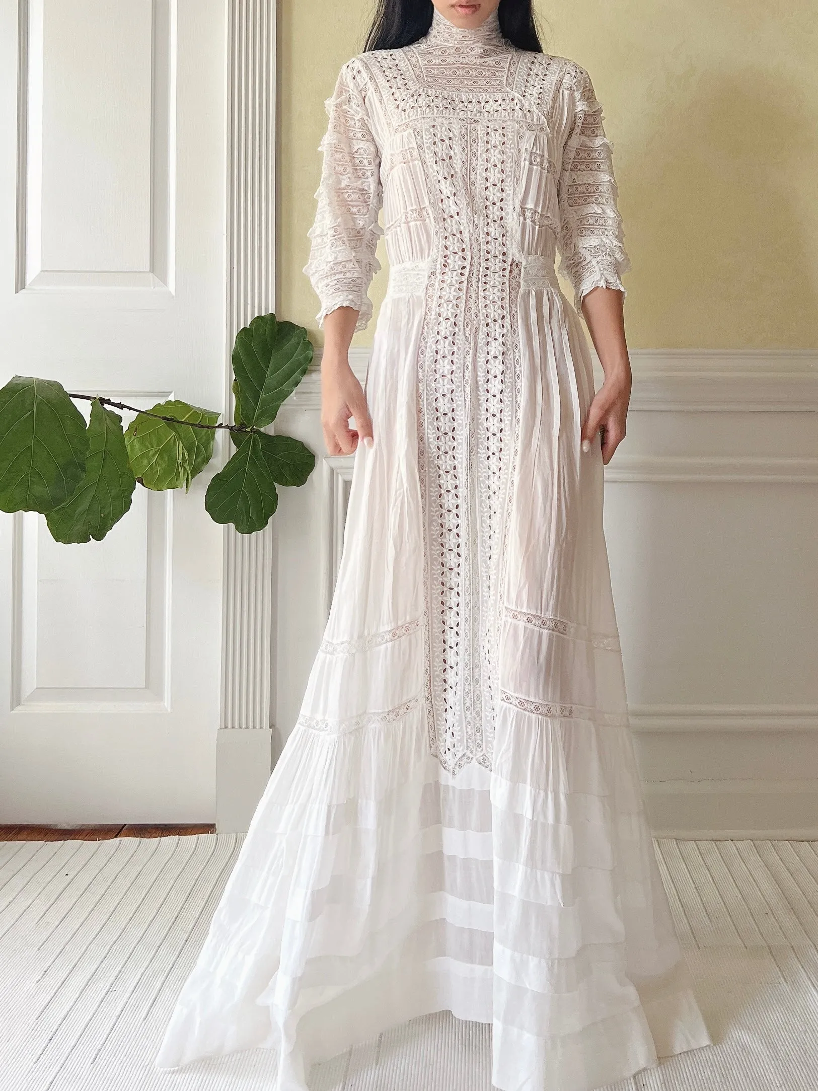 Victorian Cotton Lace and Embroidered Dress - XS