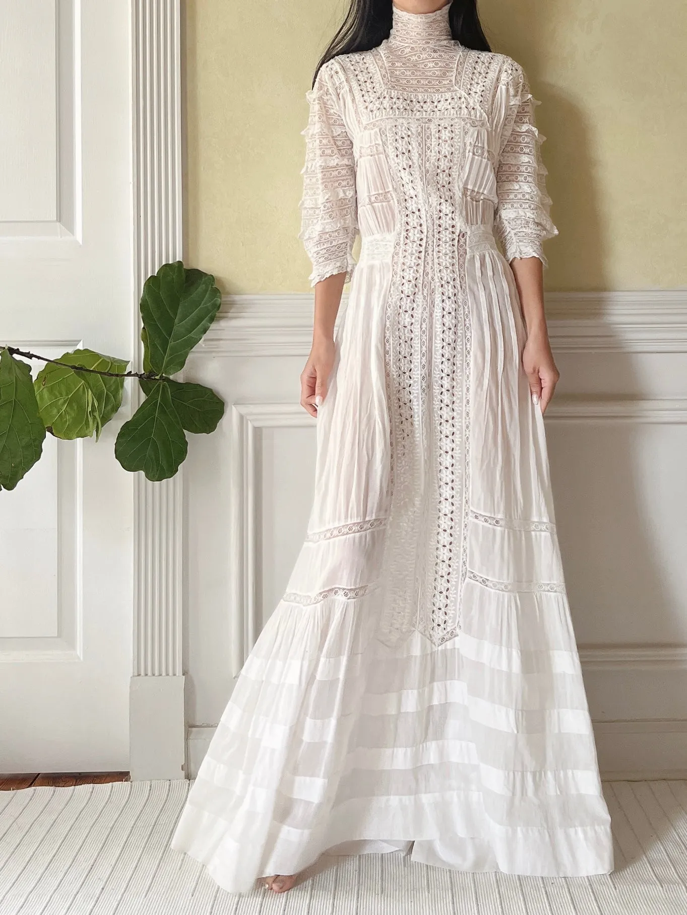 Victorian Cotton Lace and Embroidered Dress - XS