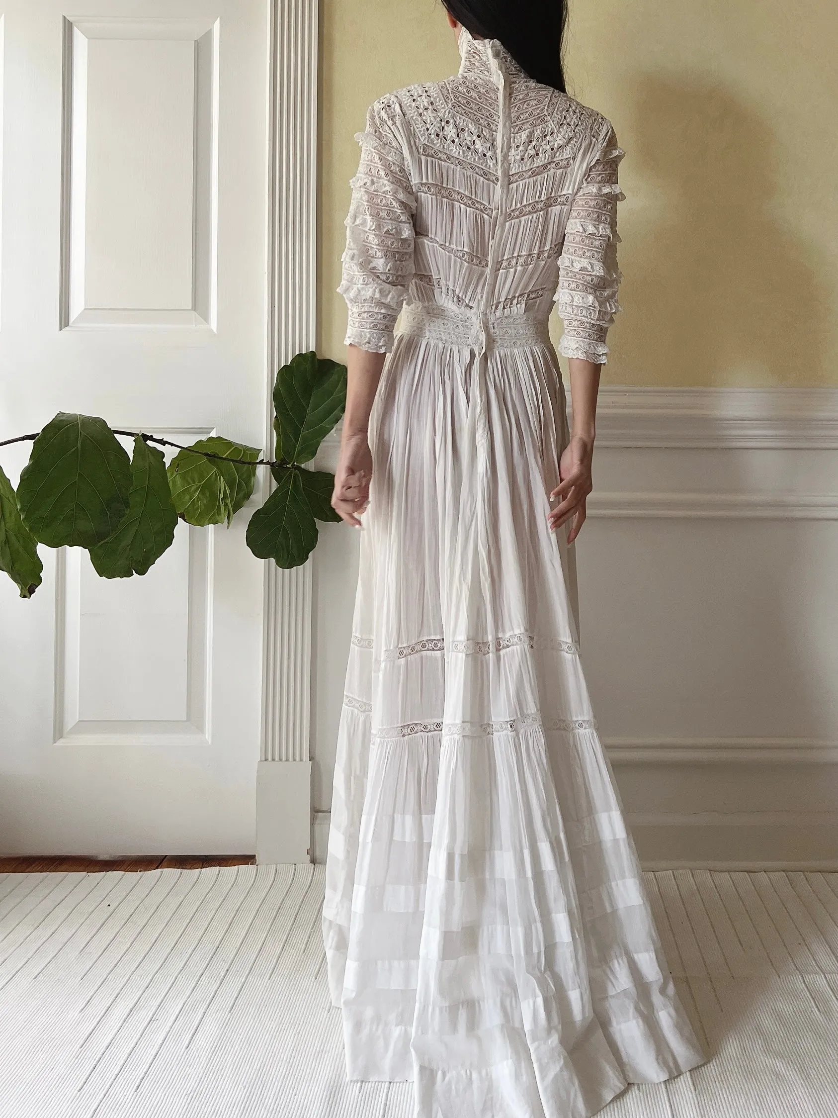 Victorian Cotton Lace and Embroidered Dress - XS