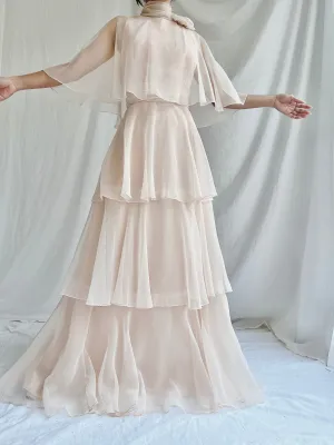 Vintage Almond Tiered Chiffon Dress - S/4